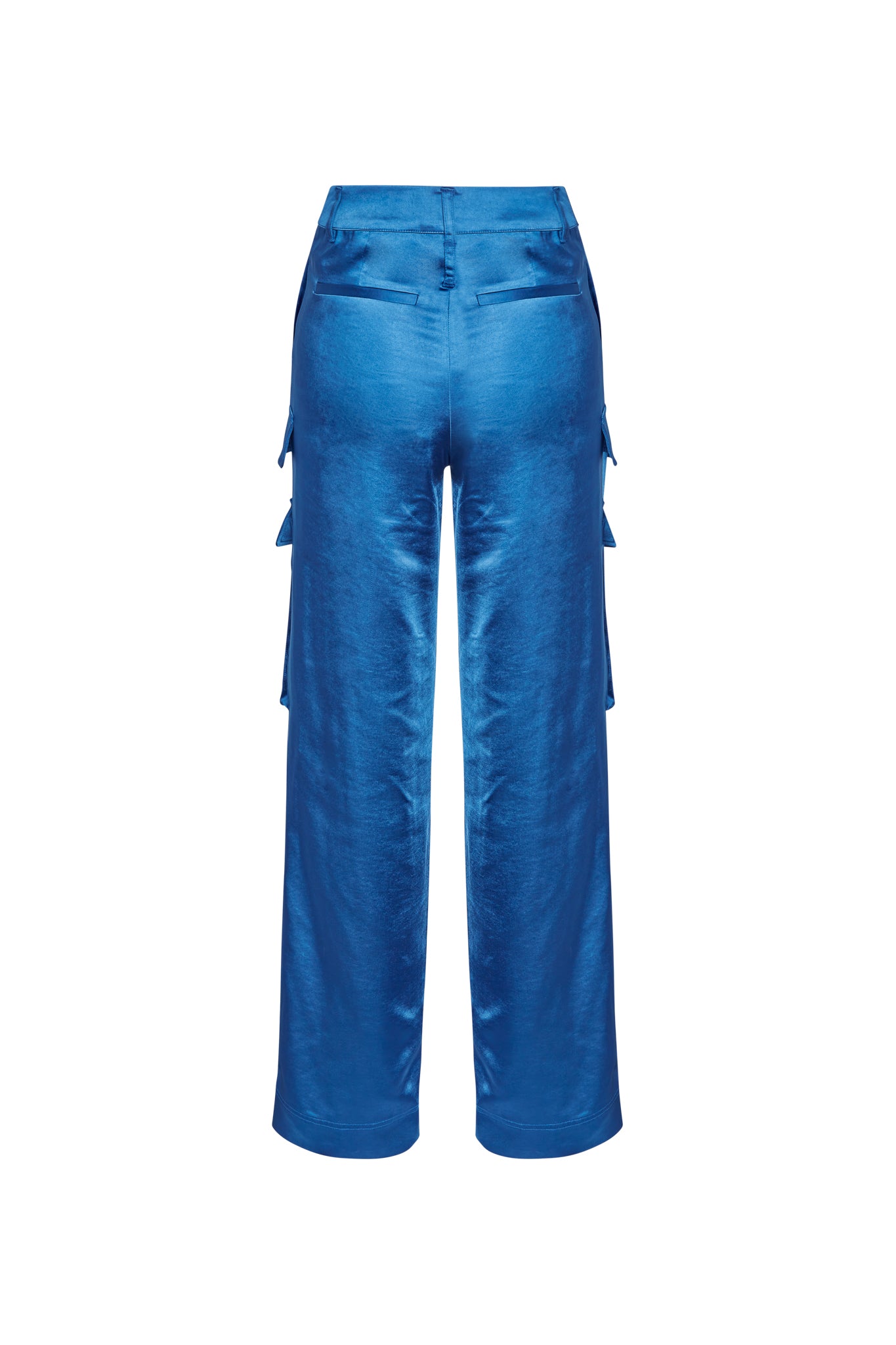 A back-view of Catherine Gee Cargo Blue pants, made of a shiny blue fabric features a high waist with belt loops, two back pockets, and cargo pockets on the sides of the legs. The pants have a straight-leg cut and a smooth, sleek appearance.
