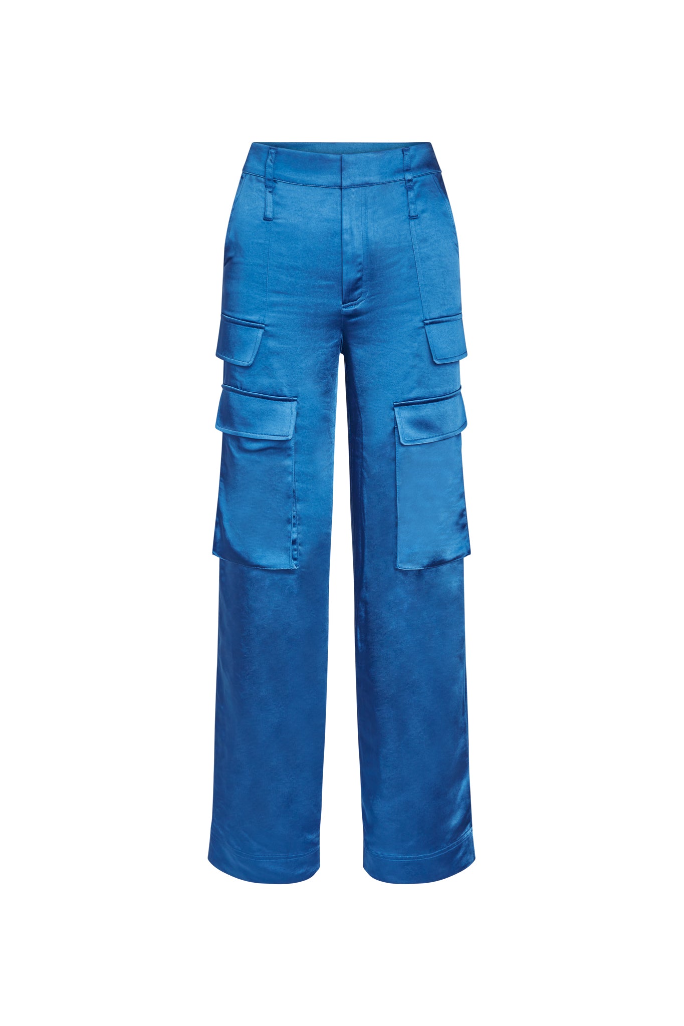 A pair of Catherine Gee cargo pants in a vibrant blue color features a high waist, belt loops, and multiple large cargo pockets on the sides. The fabric appears to be smooth and slightly shiny, giving the pants a sleek and stylish look.