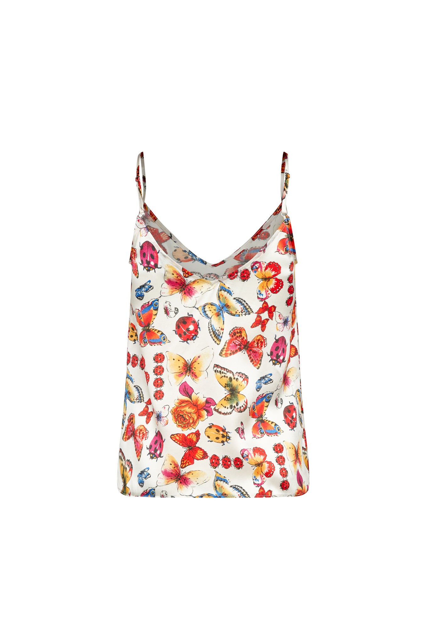 Back-view of a Catherine Gee Franka Cami - Ladybug. This cami features a delicate, lightweight fabric with a vibrant and colorful pattern of butterflies, ladybugs, and flowers on a white background. The design includes thin spaghetti straps and a V-neckline, making it a stylish and feminine piece suitable for various occasions. The intricate and lively print adds a touch of whimsy and elegance to the garment.