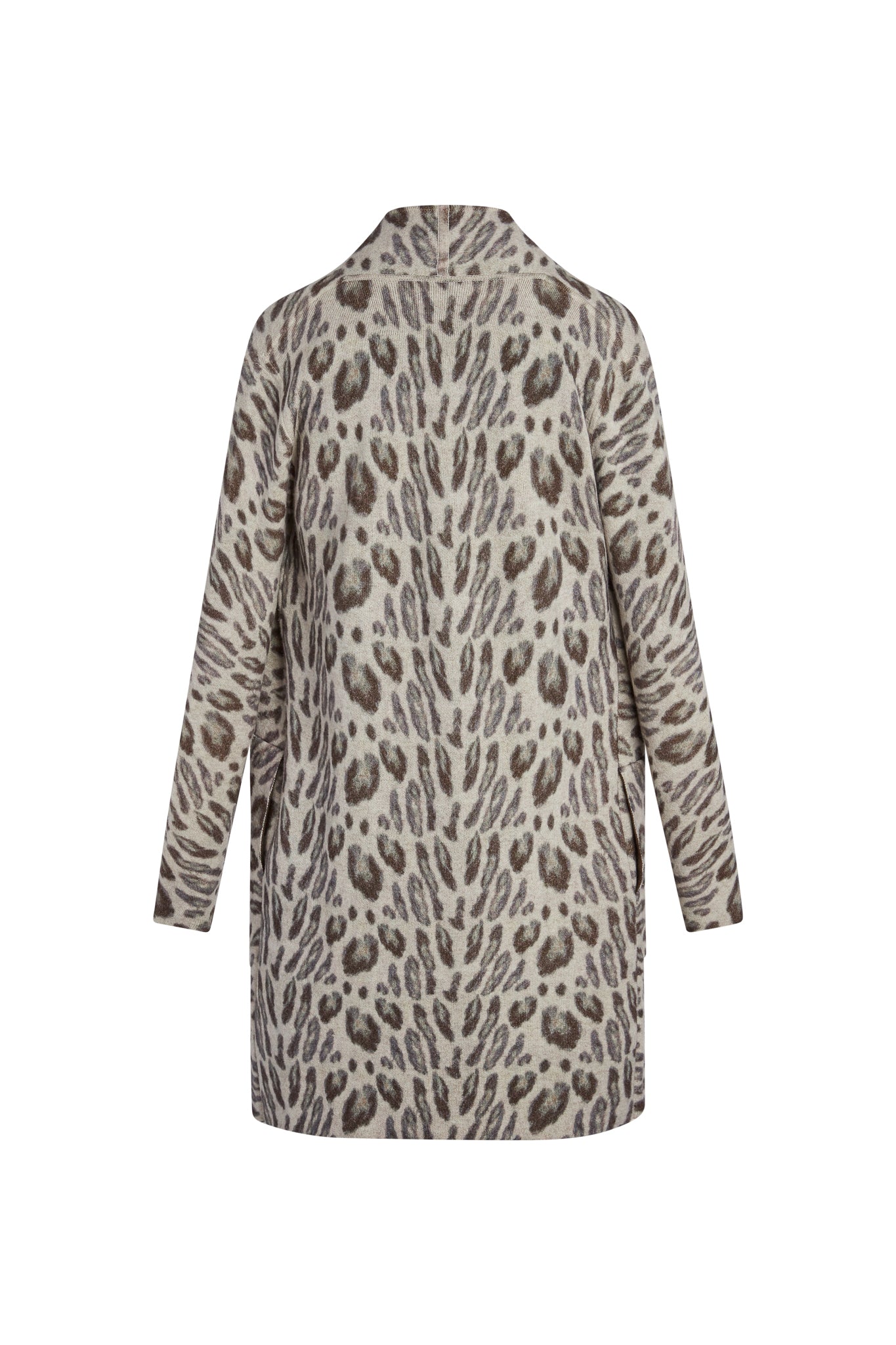 Back-view of the Catherine Gee Double Face Cashmere Reversible New Leopard coat features a luxurious leopard print in shades of brown and black on a beige background, has a straight cut with long sleeves, and a high collar. The high-quality cashmere material and reversible design add versatility, making this coat a chic and elegant choice for various styling options.
