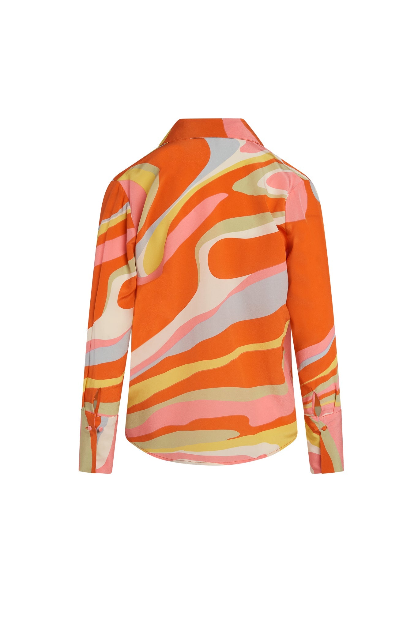 Back-view of a Catherine Gee Daria French Cuff Silk Sherbet blouse features a vibrant, abstract pattern with swirling colors including orange, pink, yellow, and white. It has long sleeves with French cuffs and a classic collar. The design is eye-catching and stylish, making it a standout piece for any wardrobe.
