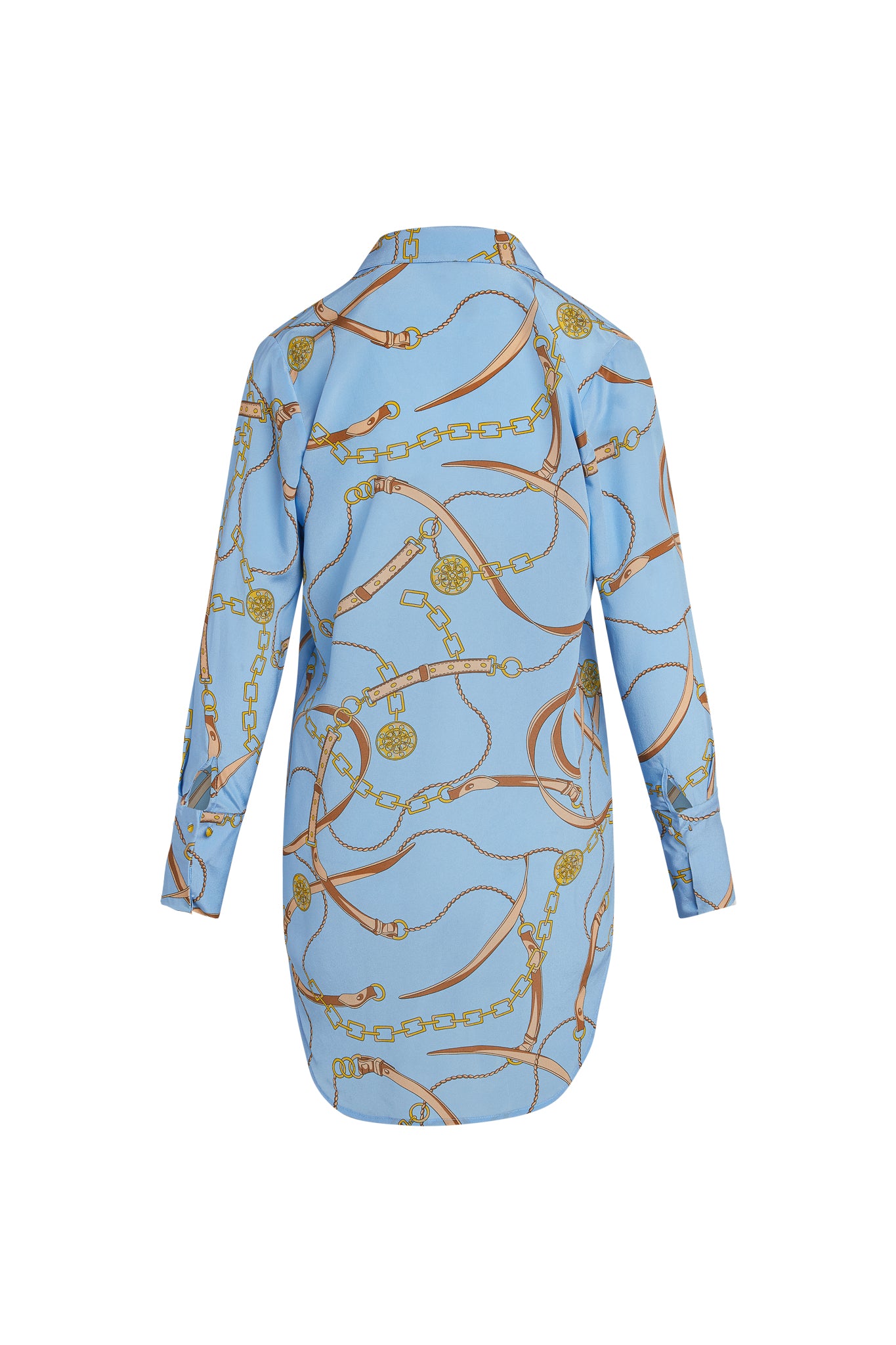 Back-view of a Catherine Gee Daria Shirt - San Telmo Dress. This elegant dress features a light blue background adorned with a complex pattern of gold chains and ropes. It has long sleeves with buttoned cuffs and a curved hemline. The design is both sophisticated and stylish, making it a versatile piece suitable for various occasions.