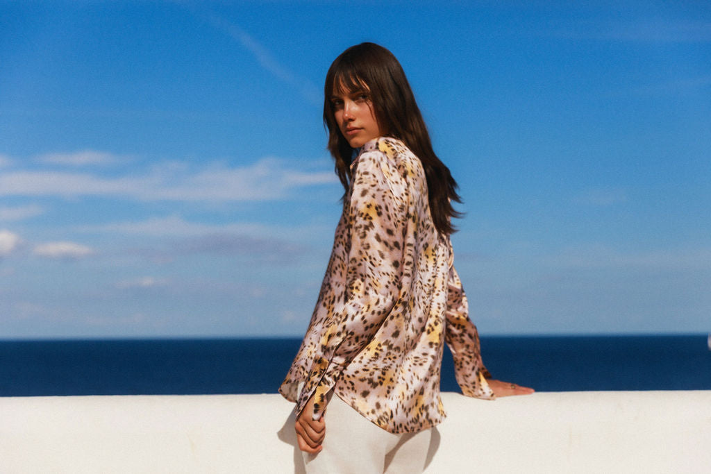 Daria French Cuff Silk Blouse - Blush Leopard