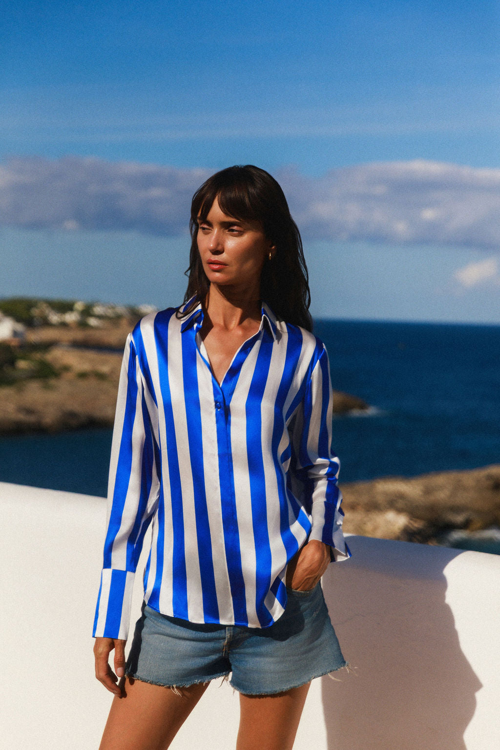 Daria French Cuff Silk Blouse - Blue Stripe