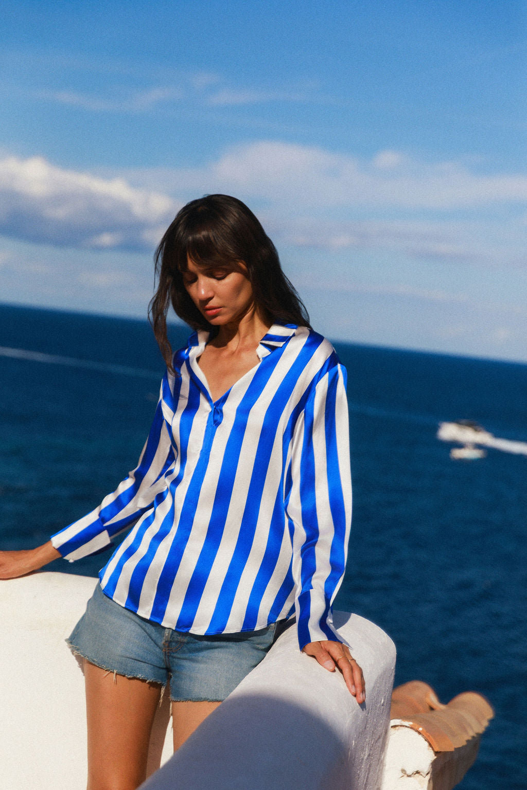 Daria French Cuff Silk Blouse - Blue Stripe