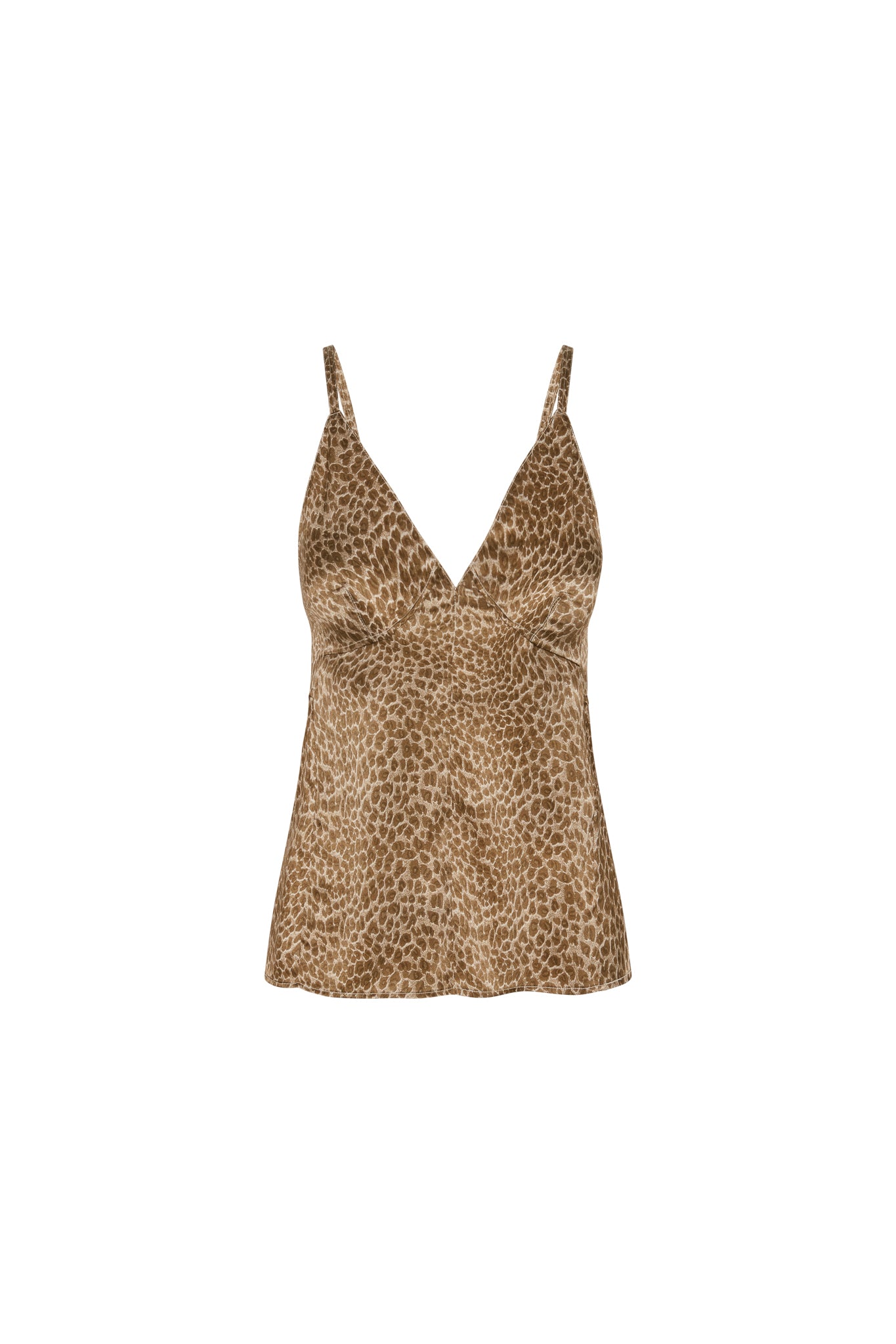 A Catherine Gee Catherine Tank Elegant Leopard. The tank top features a V-neckline with thin shoulder straps and a slightly flared hem. The fabric has a brown and beige leopard pattern, giving it a stylish and sophisticated look.