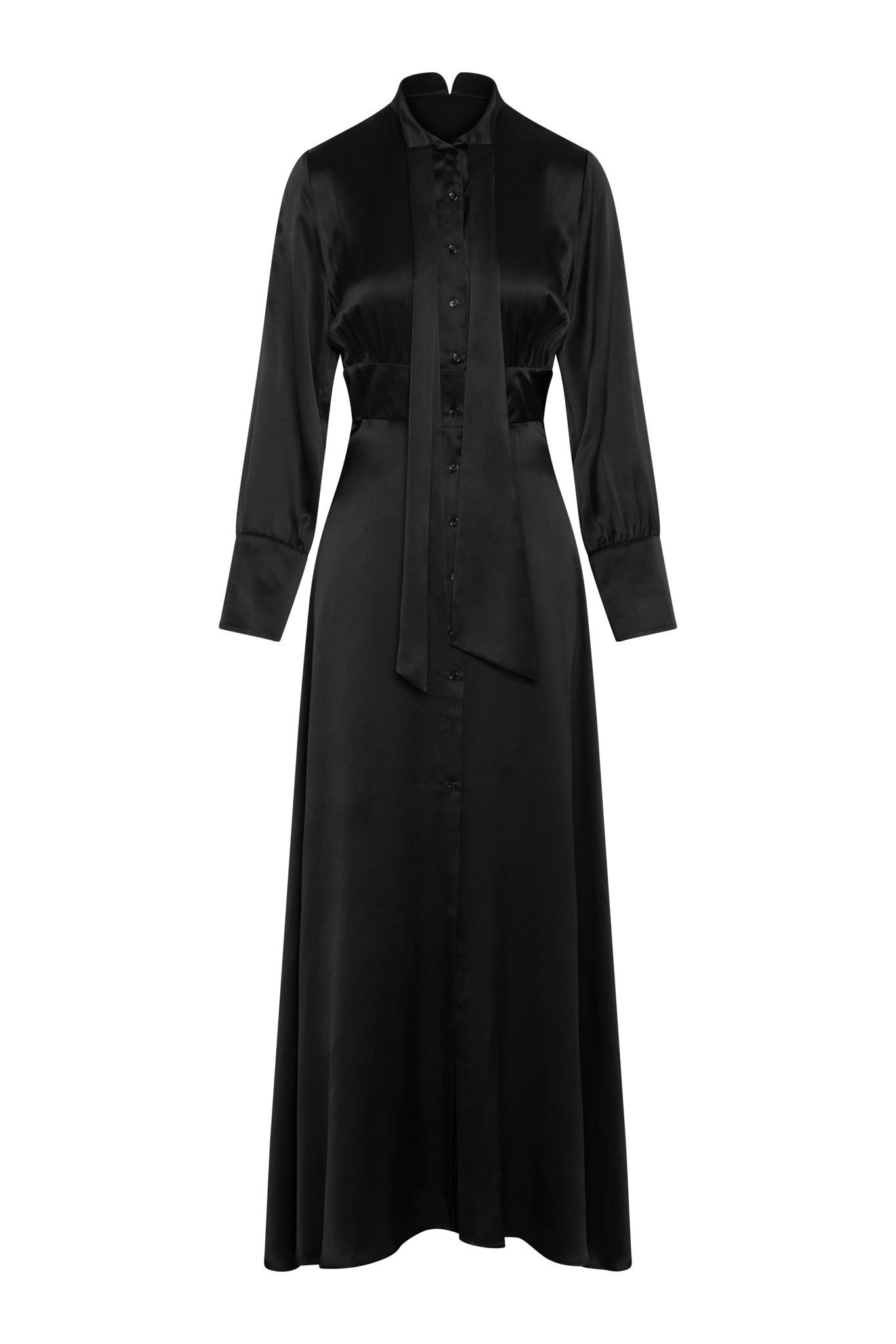 Black Catherine Gee Flou Dress. This elegant dress features a long, flowing silhouette with a button-down front. It has long sleeves with buttoned cuffs and a high neckline, and includes a tie detail at the waist, adding a touch of sophistication and structure. The fabric appears to be smooth and slightly shiny, giving it a luxurious look. This dress is interesting for its classic yet modern design, making it suitable for various formal occasions.