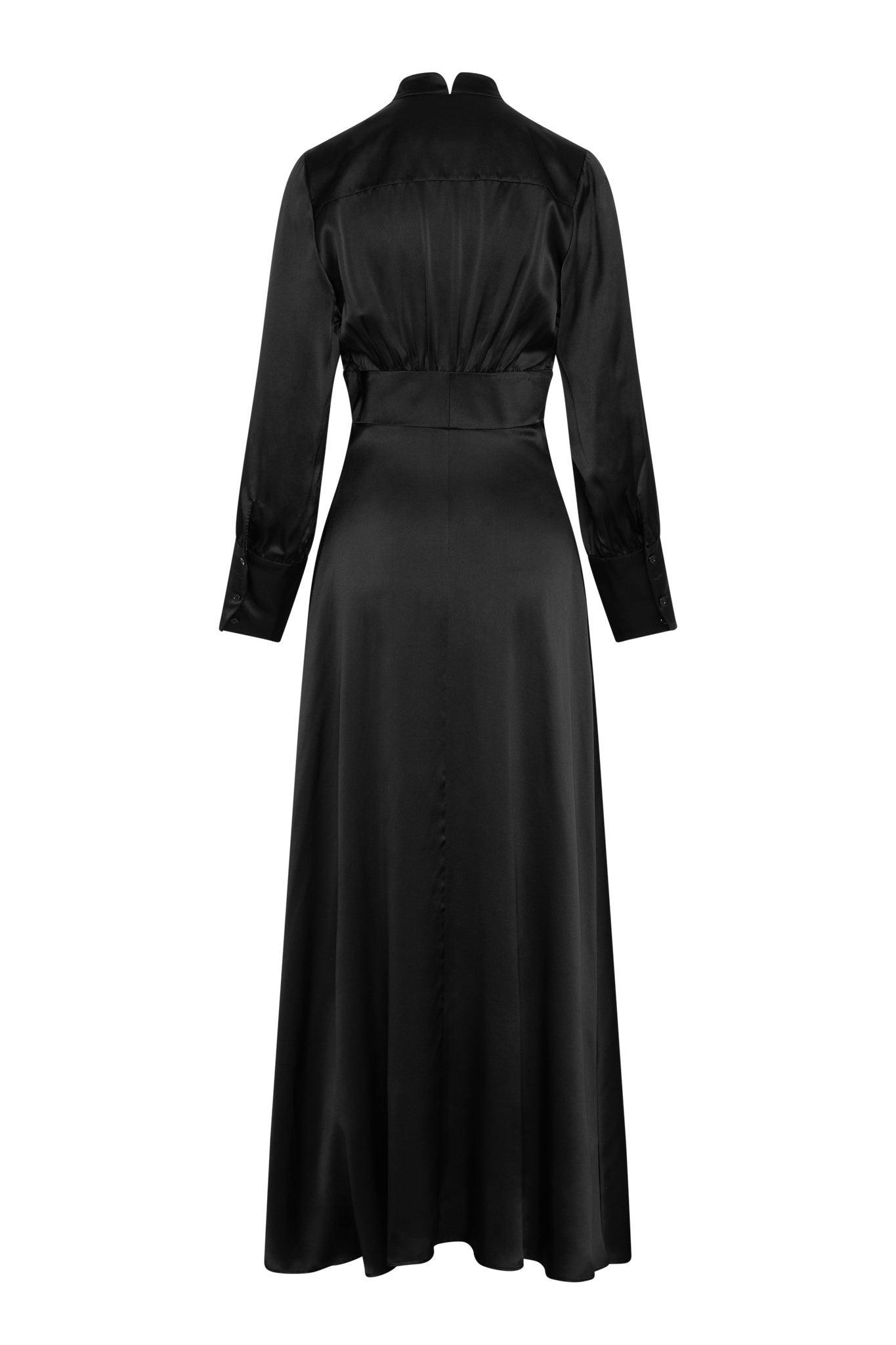 Back-view of a Black Catherine Gee Flou dress features long sleeves with buttoned cuffs, a high neckline, and a fitted waist that flows into a long, slightly flared skirt. The fabric appears to be smooth and slightly shiny, giving it a luxurious look. The dress is designed to be both sophisticated and timeless, making it suitable for formal occasions.