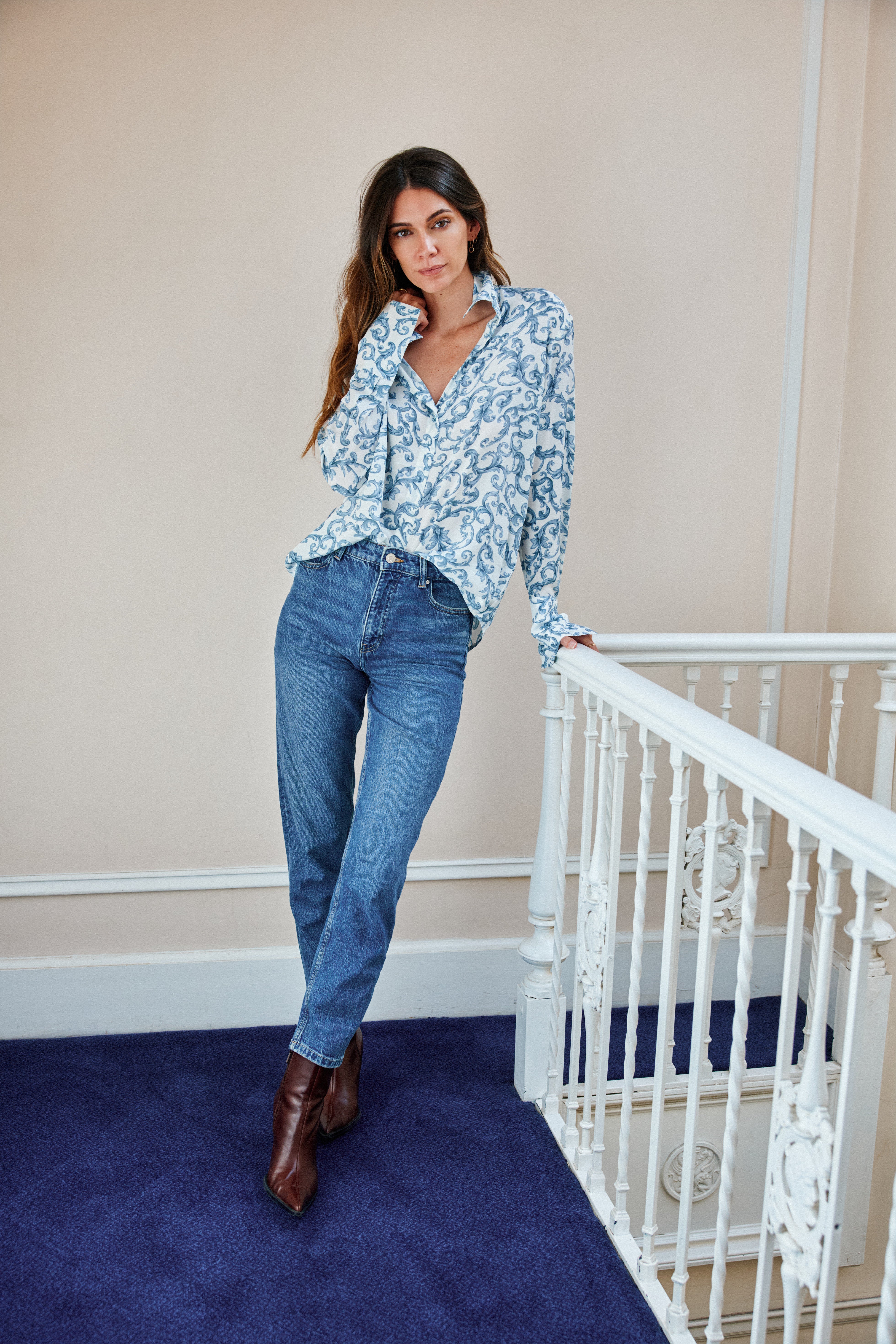 Daria French Cuff Silk Blouse - Azulejo