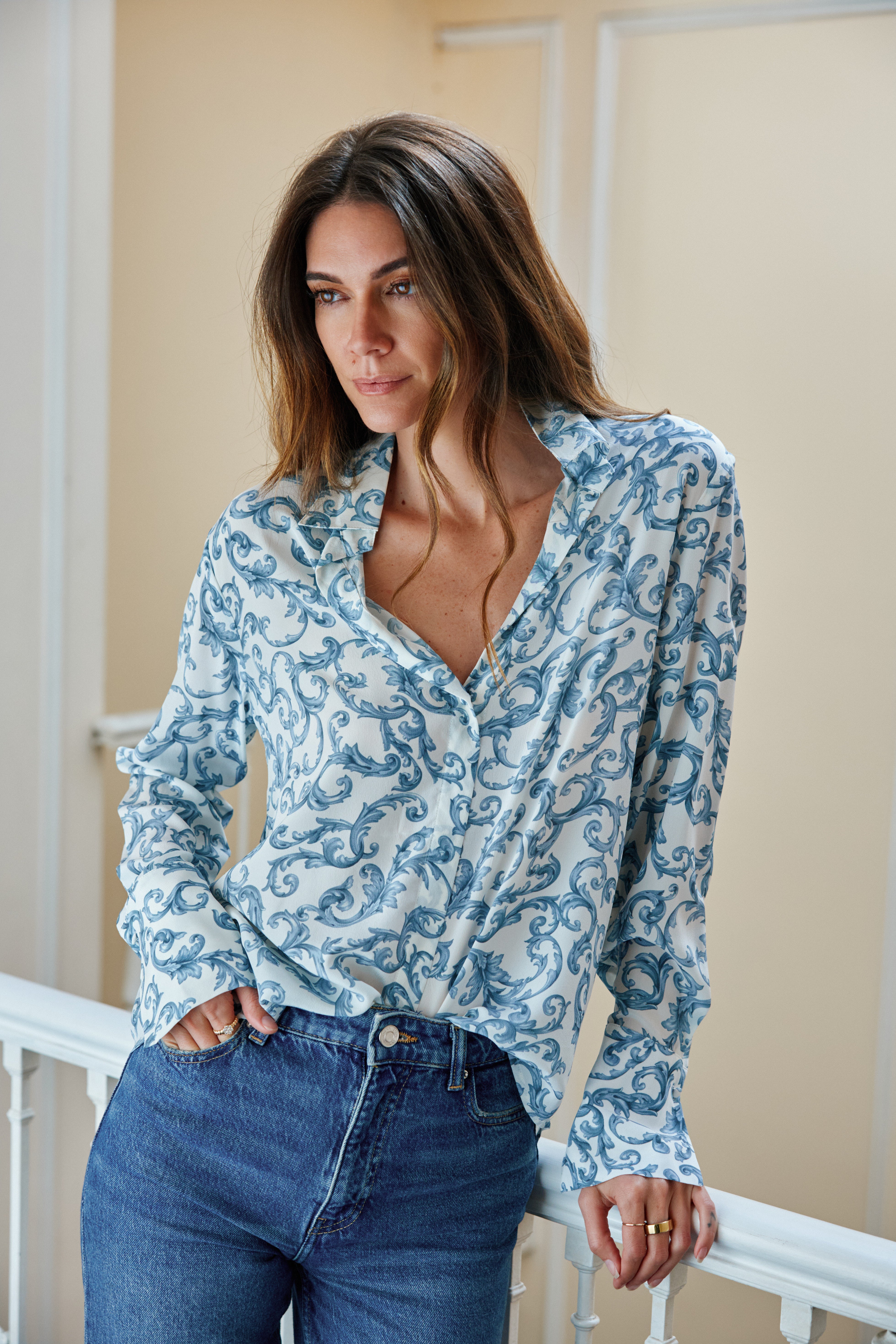 Daria French Cuff Silk Blouse - Azulejo