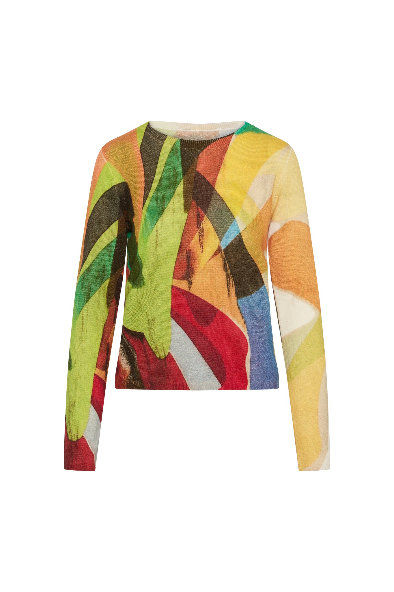 A colorful, long-sleeved crewneck cashmere sweater with an abstract, multicolored print featuring shades of green, red, yellow, blue, and black. The design is vibrant and artistic, making it a standout piece for a stylish wardrobe.