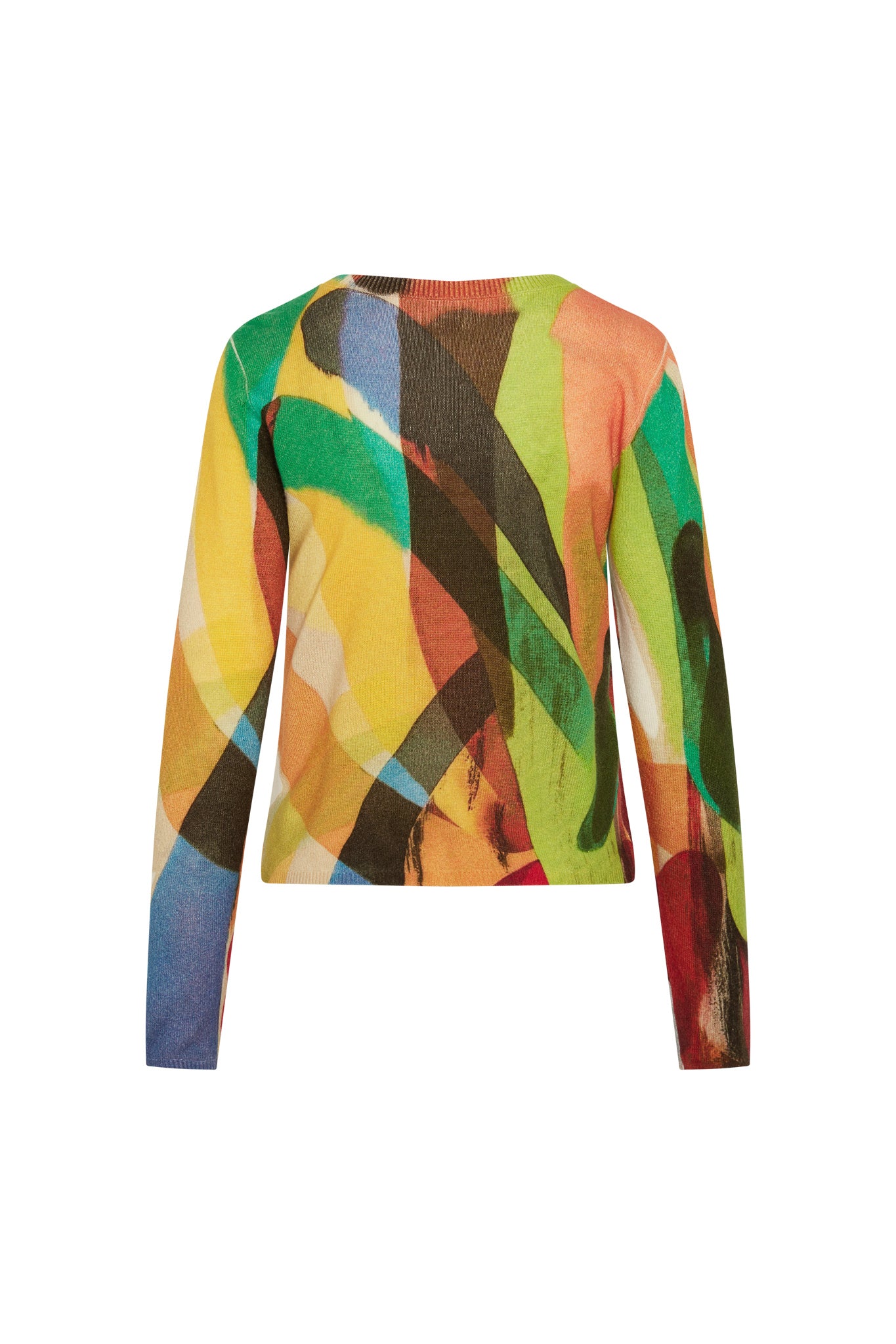 A Catherine Gee Crewneck Cashmere Sweater - Stella Print features a vibrant, abstract pattern with a mix of colors including green, red, yellow, blue, and black. The design is dynamic and eye-catching, with overlapping shapes and brushstroke-like elements.