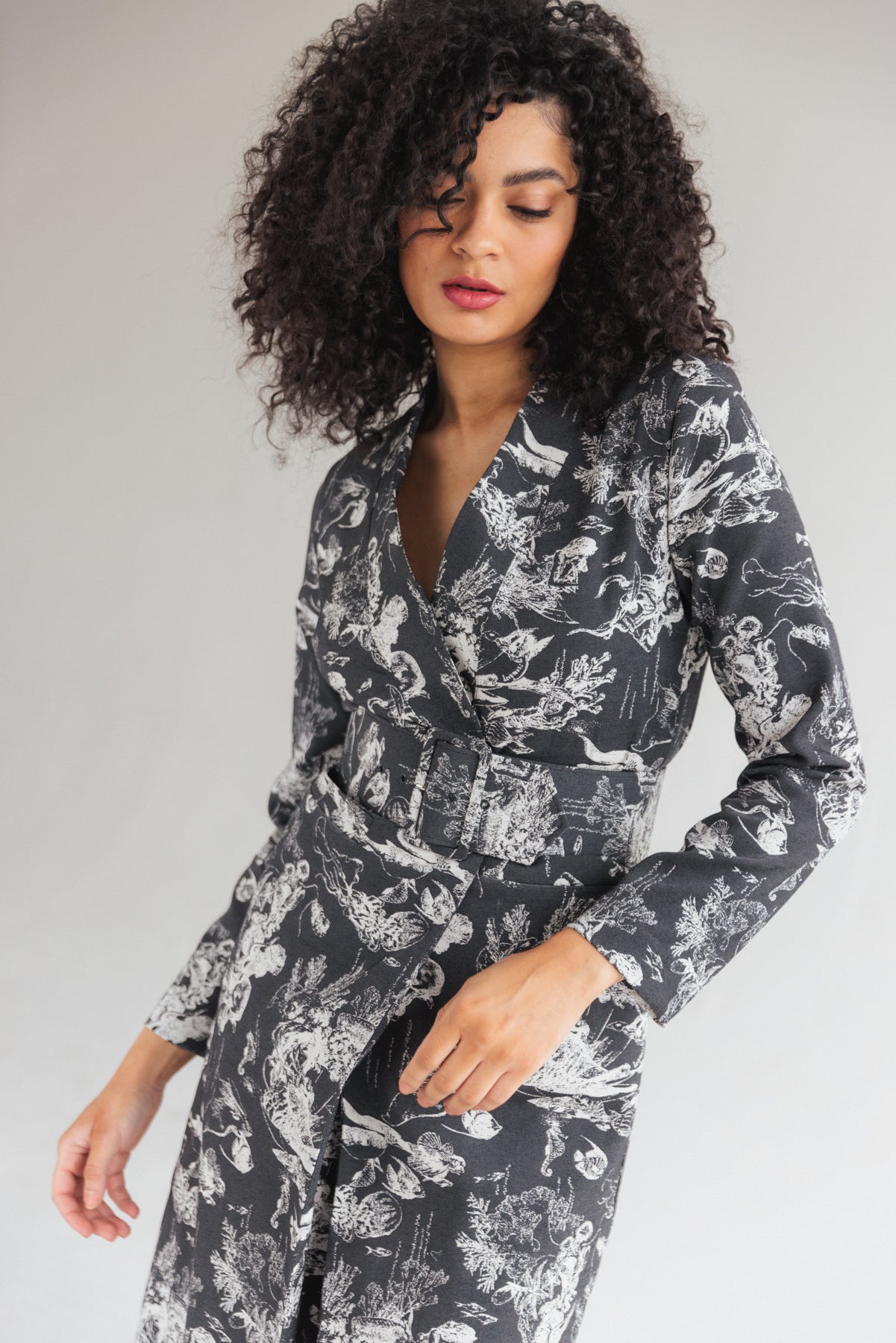 Marianne Belted Jacquard Coat - Black Sea