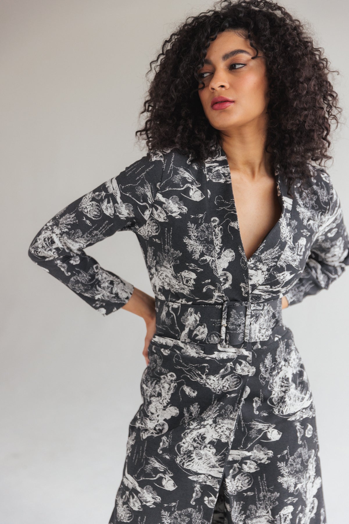 Marianne Belted Jacquard Coat - Black Sea