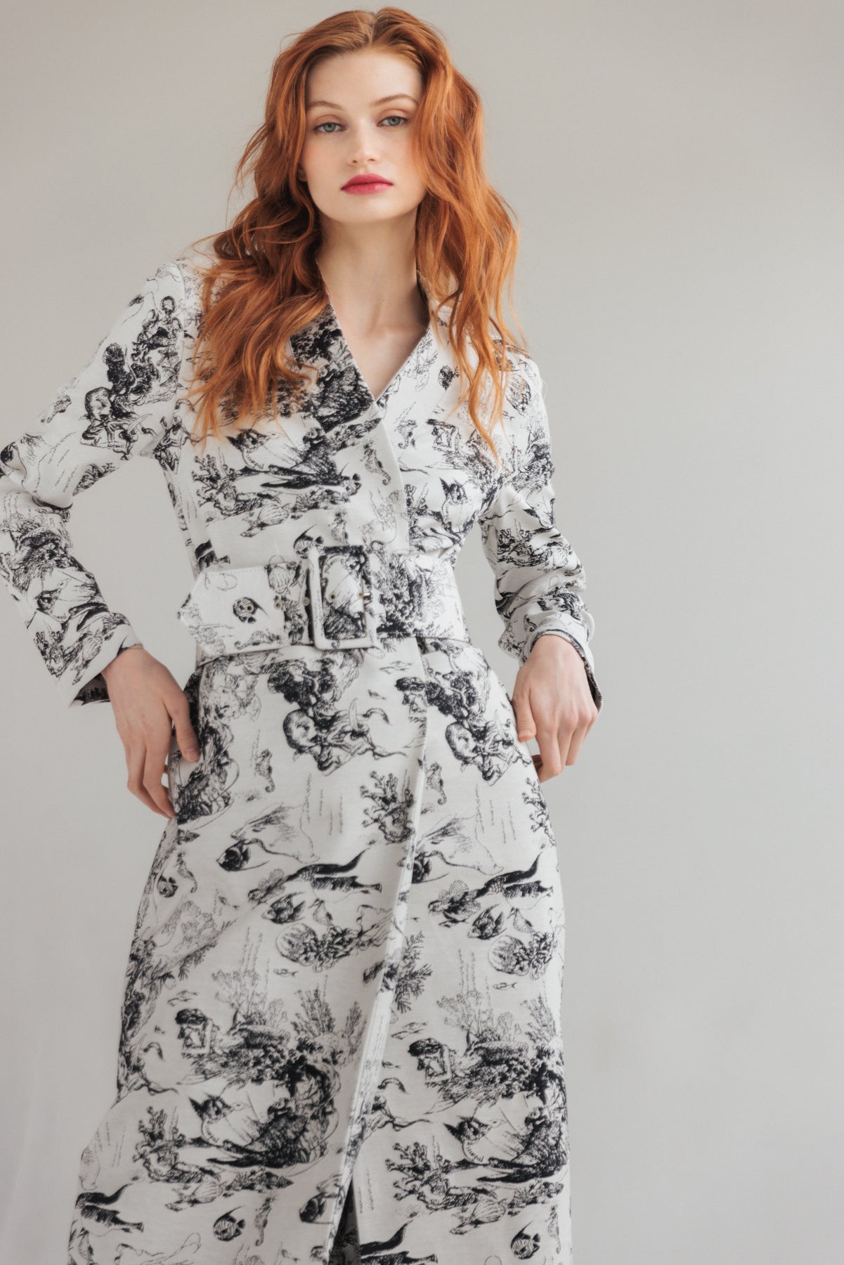 Marianne Belted Jacquard Coat - White Sea