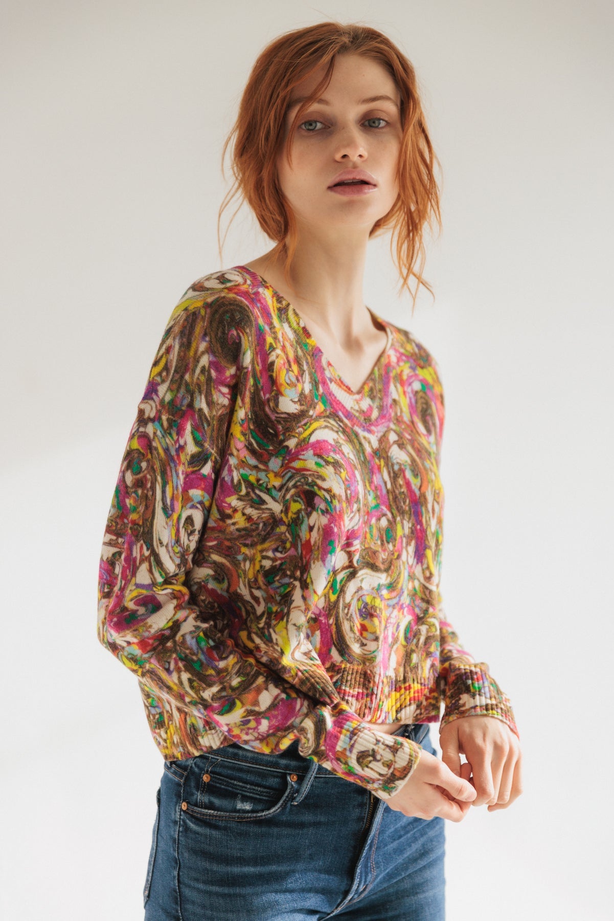 V-Neck Cashmere Sweater - Paint Swirl