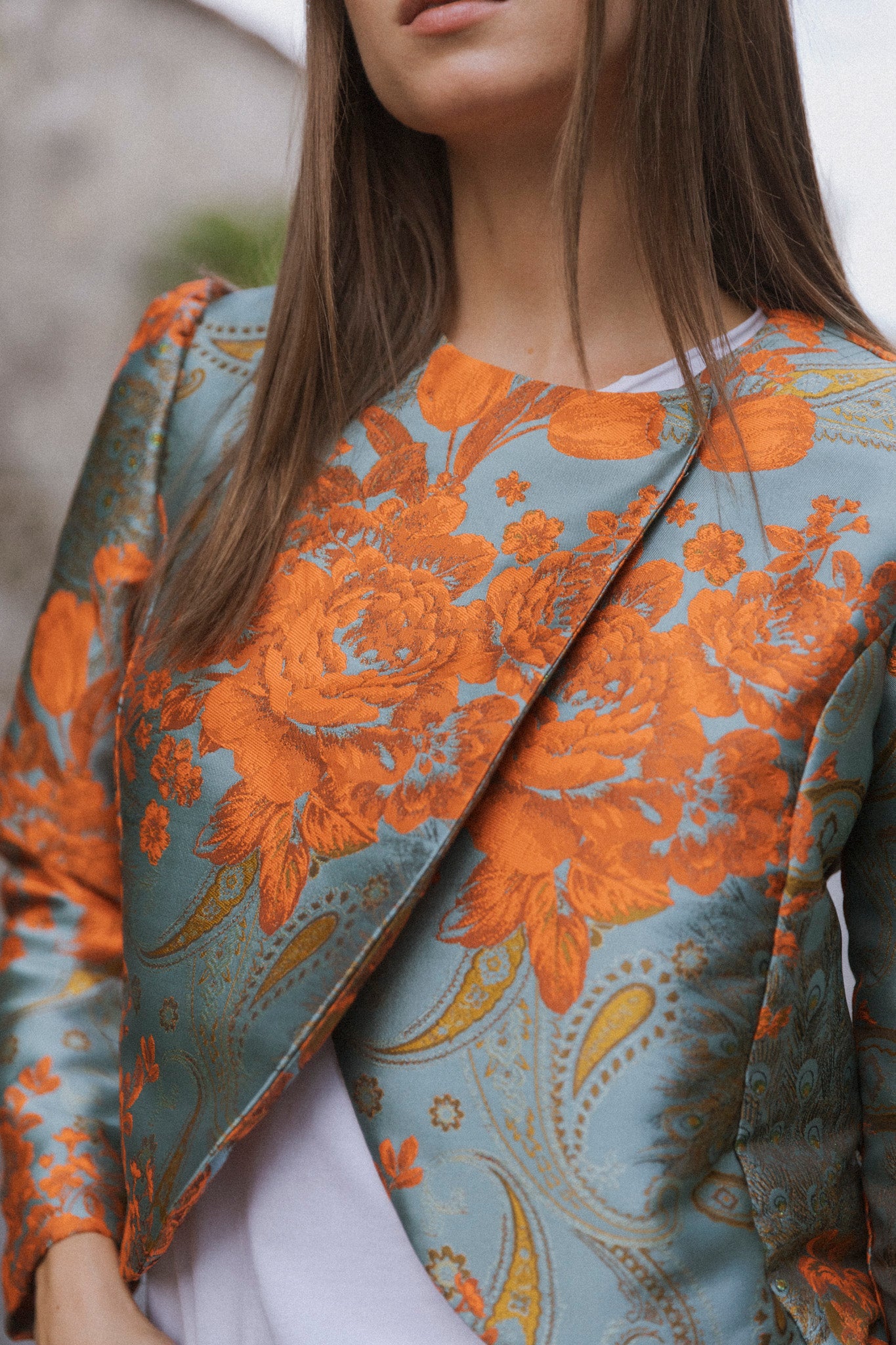 Lydia Cropped Jacquard Jacket - Blue/Orange