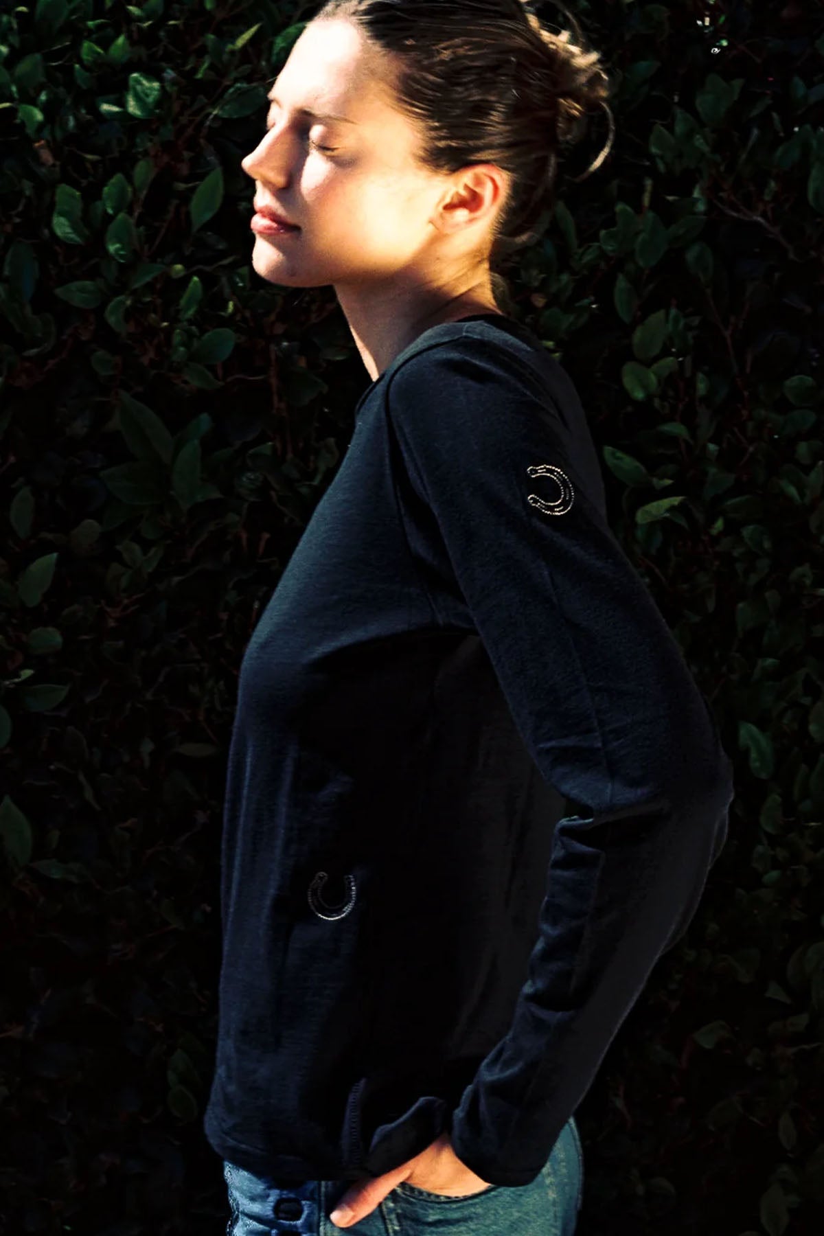 Embroidered Cotton T-Shirt Long Sleeve - Black Horseshoe