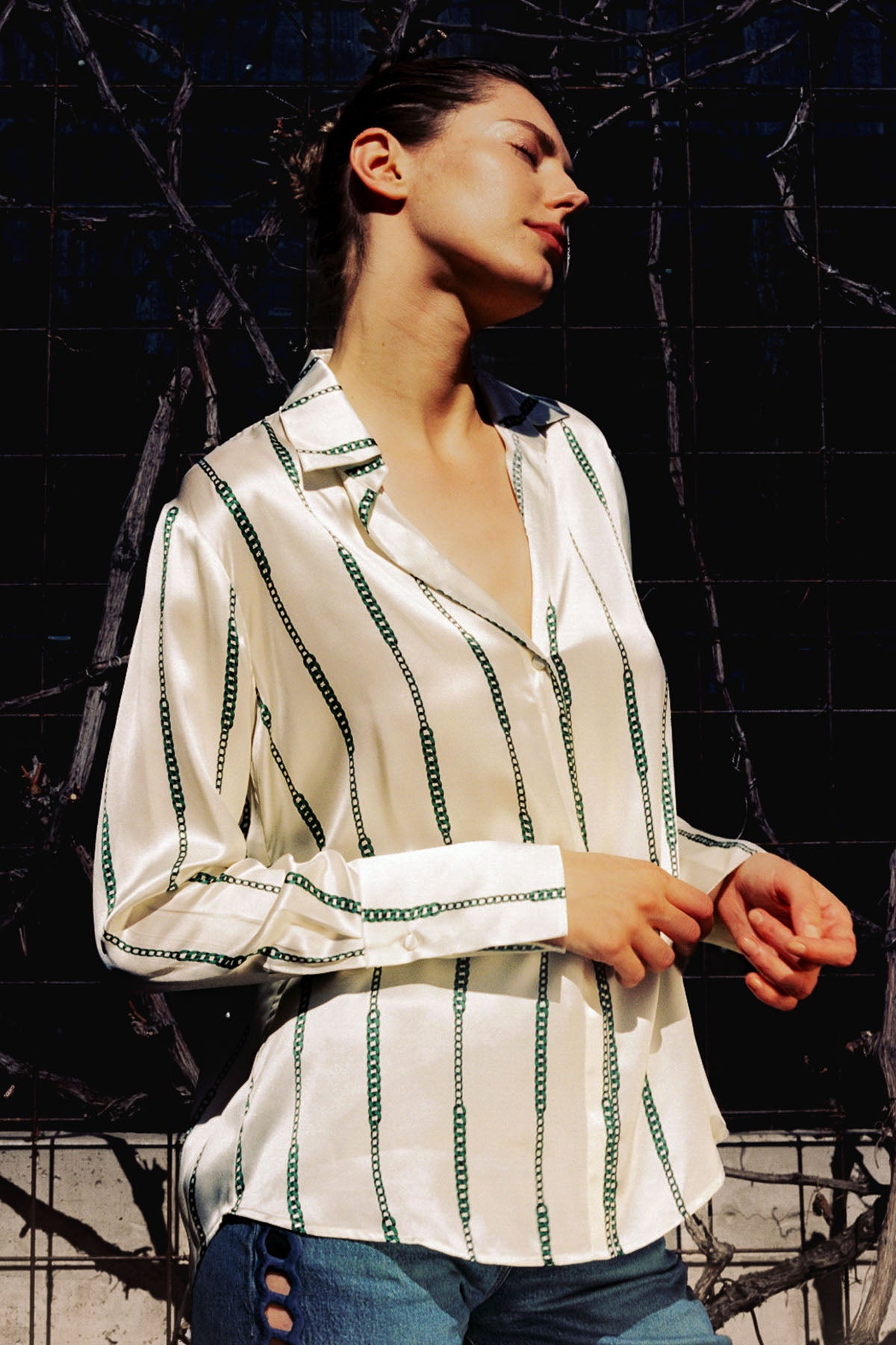 Daria French Cuff Silk Blouse - Green Chain