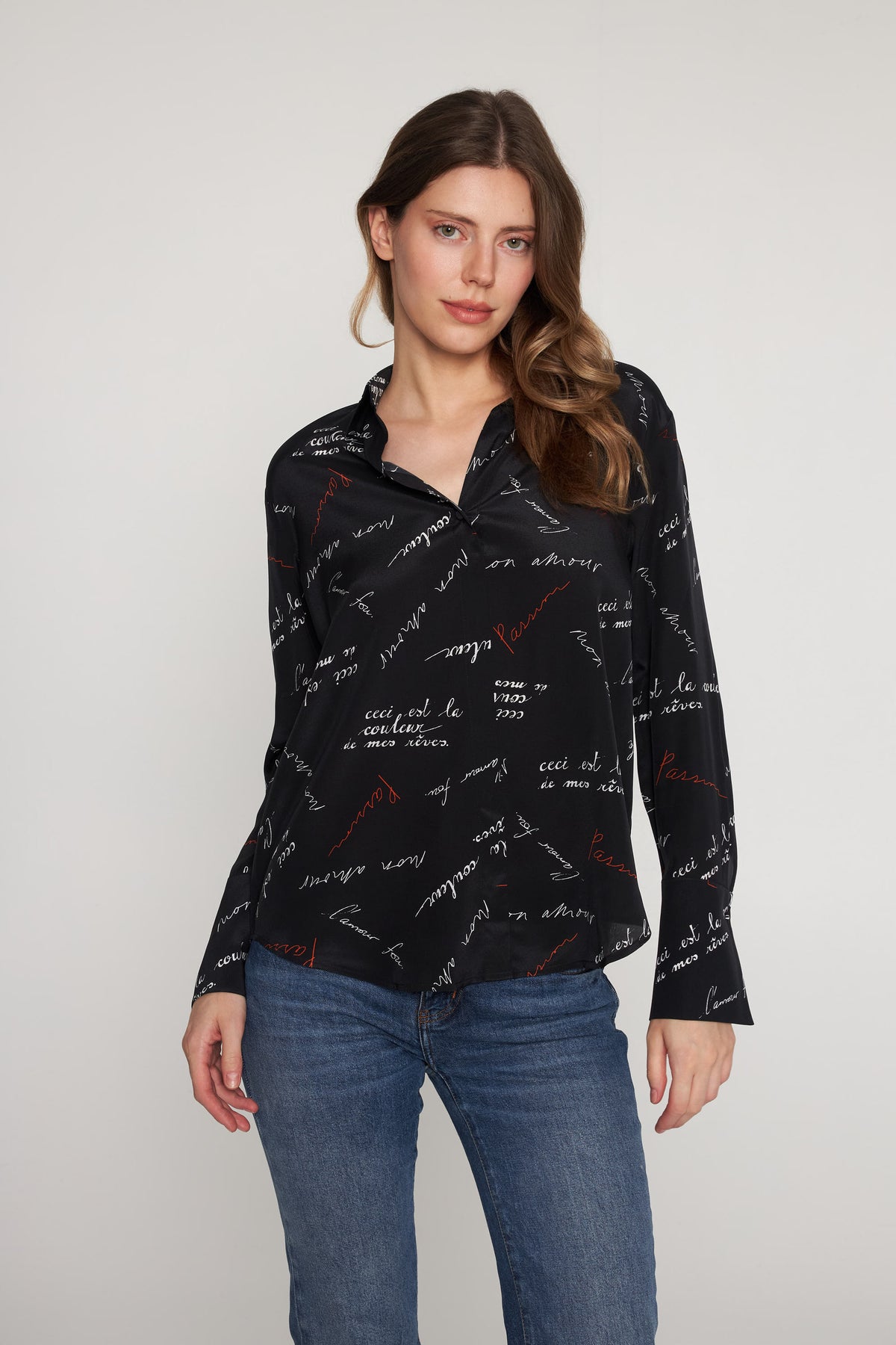 Daria French Cuff Silk Blouse - Black Passion Print