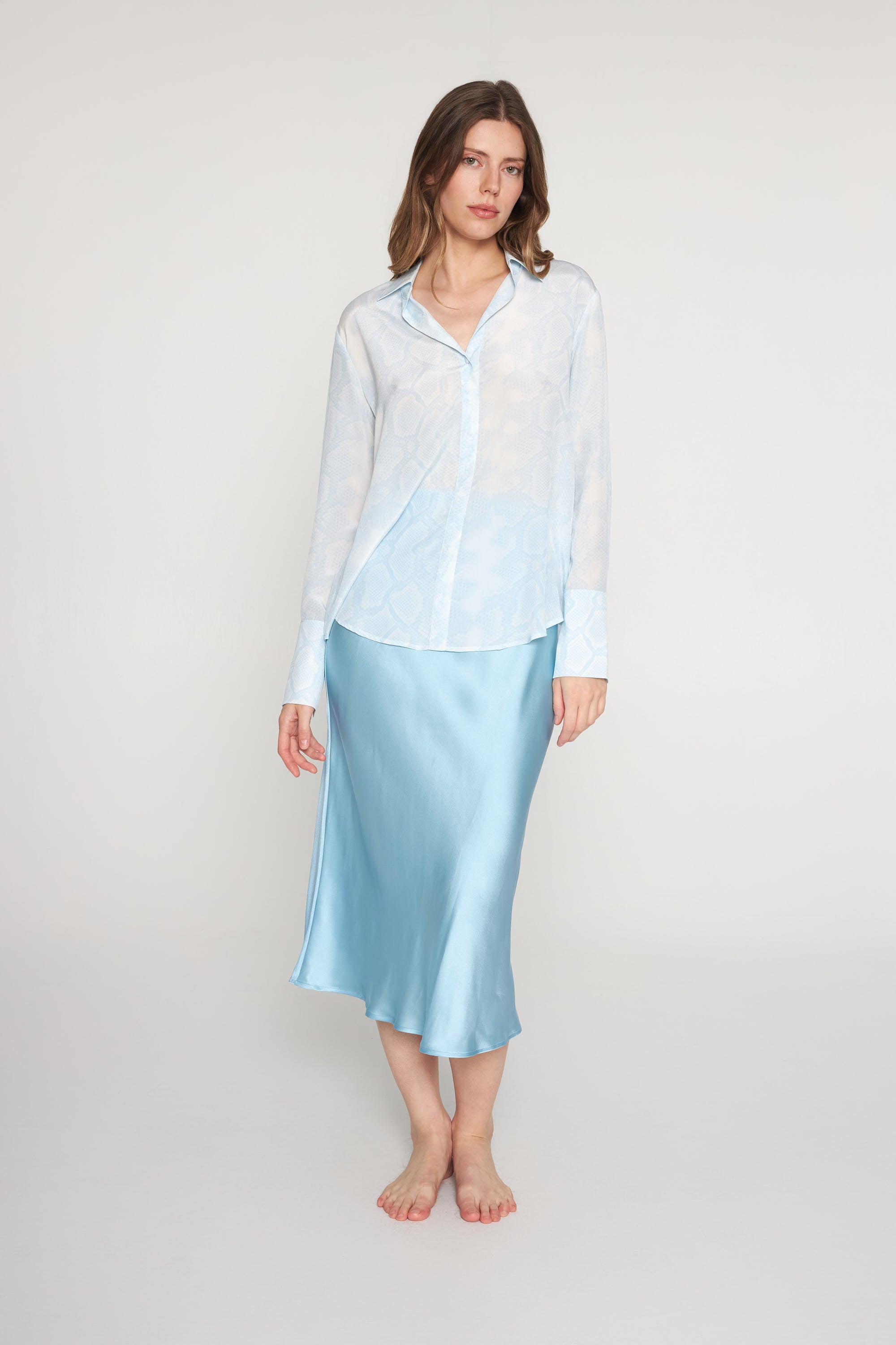 Daria French Cuff Silk Blouse - Sky Blue Snake