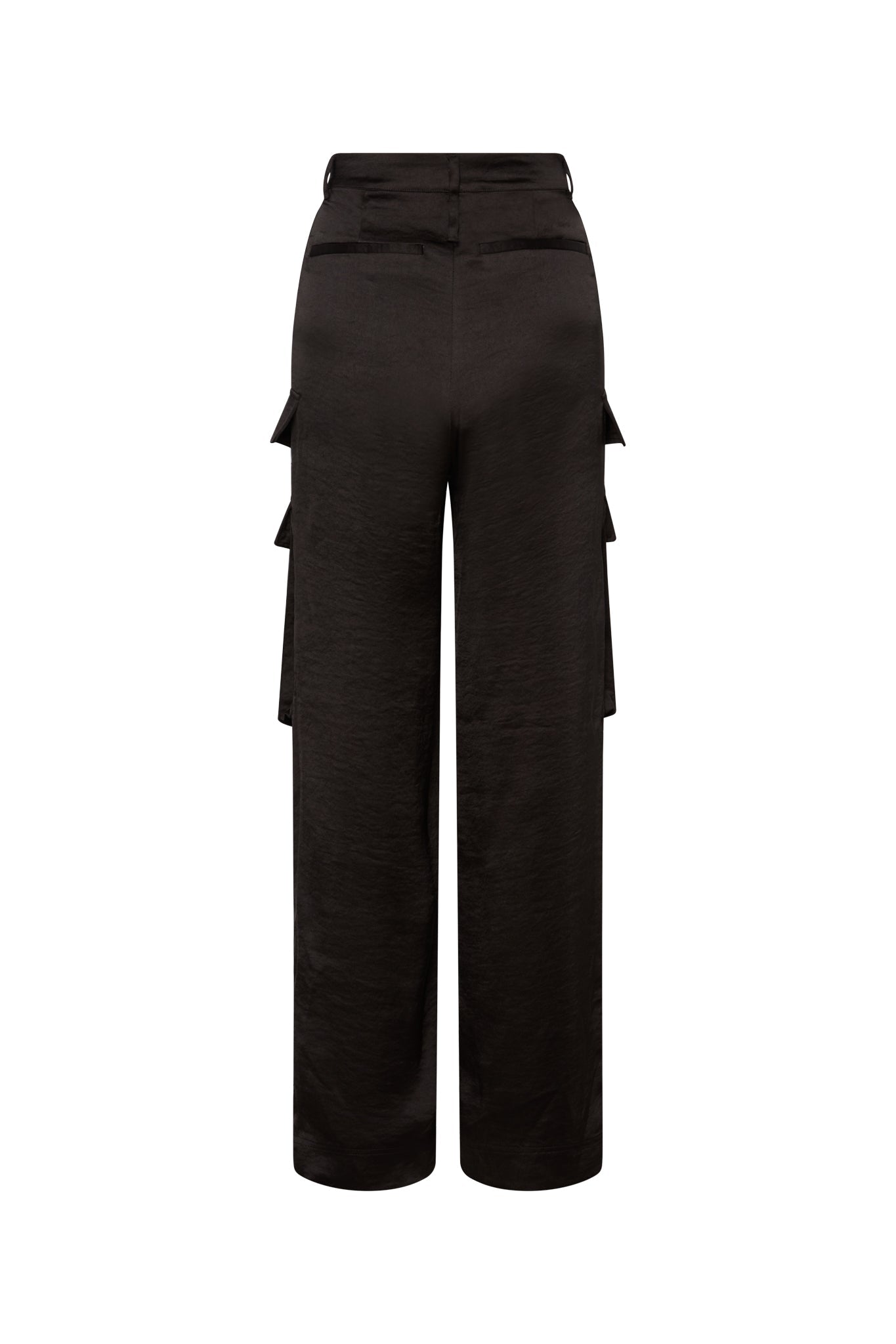 A pair of black cargo pants from Catherine Gee, shown from the back. The pants feature a high waist, wide legs, and multiple side pockets with flaps, giving them a utilitarian and stylish look.