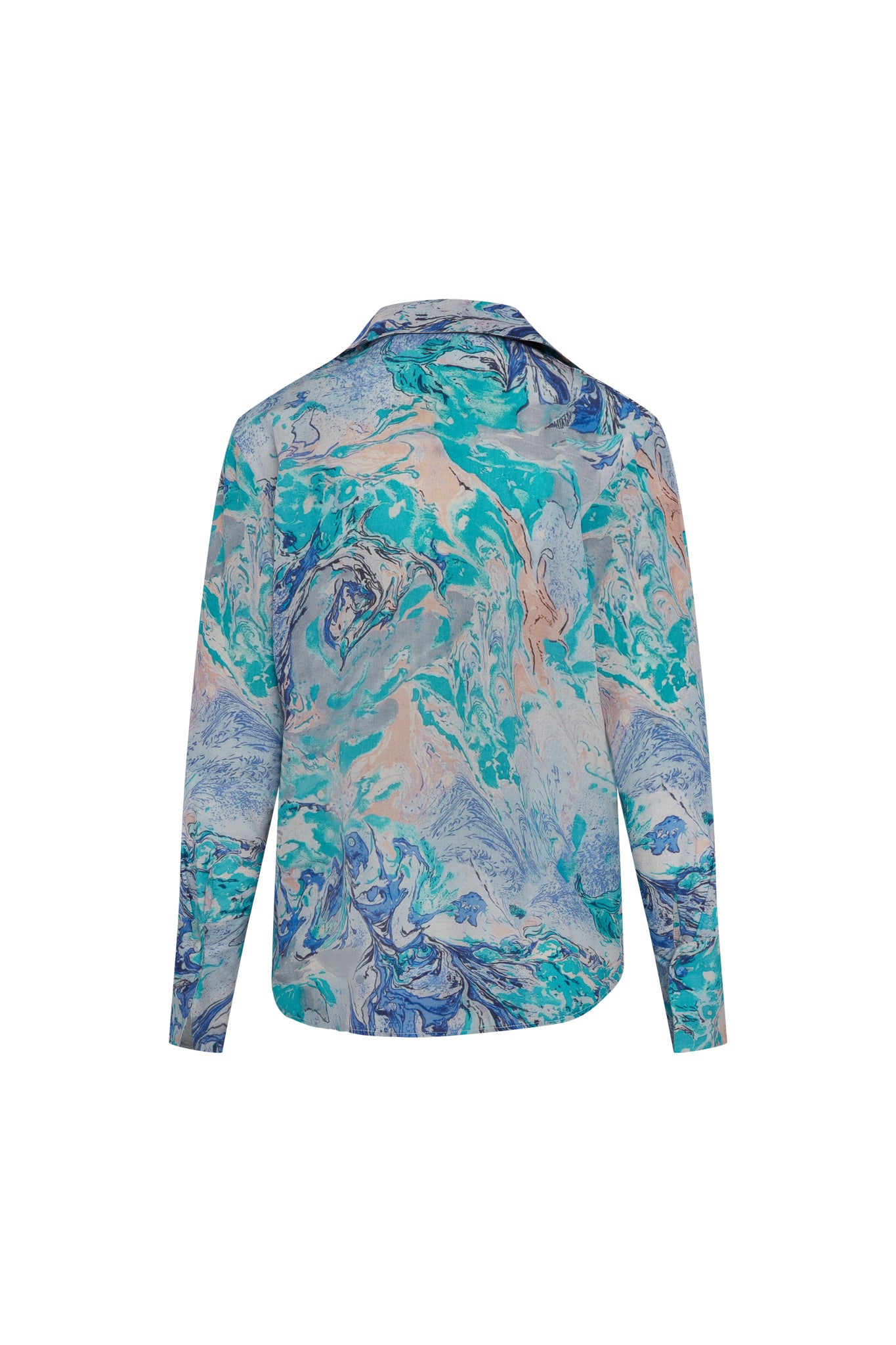 Back view of a Catherine Gee Daria French Cuff Silk Blouse Cool Swirl. The blouse features a vibrant abstract design with shades of blue, teal, and light peach, creating a marbled effect. It has long sleeves and a classic collar.