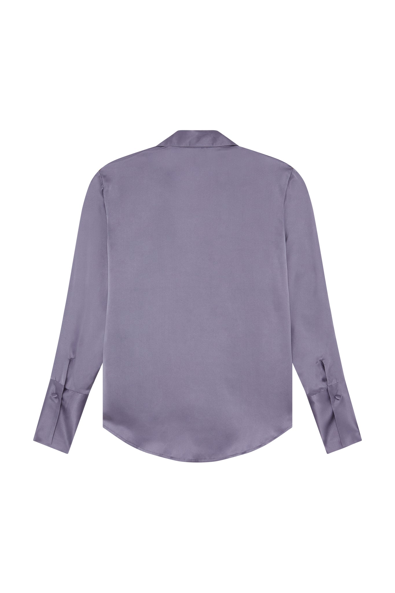 Back view of a Catherine Gee Daria French Cuff Silk Blouse lavender-colored with long sleeves and French cuffs features a smooth, shiny texture and a classic collar.
