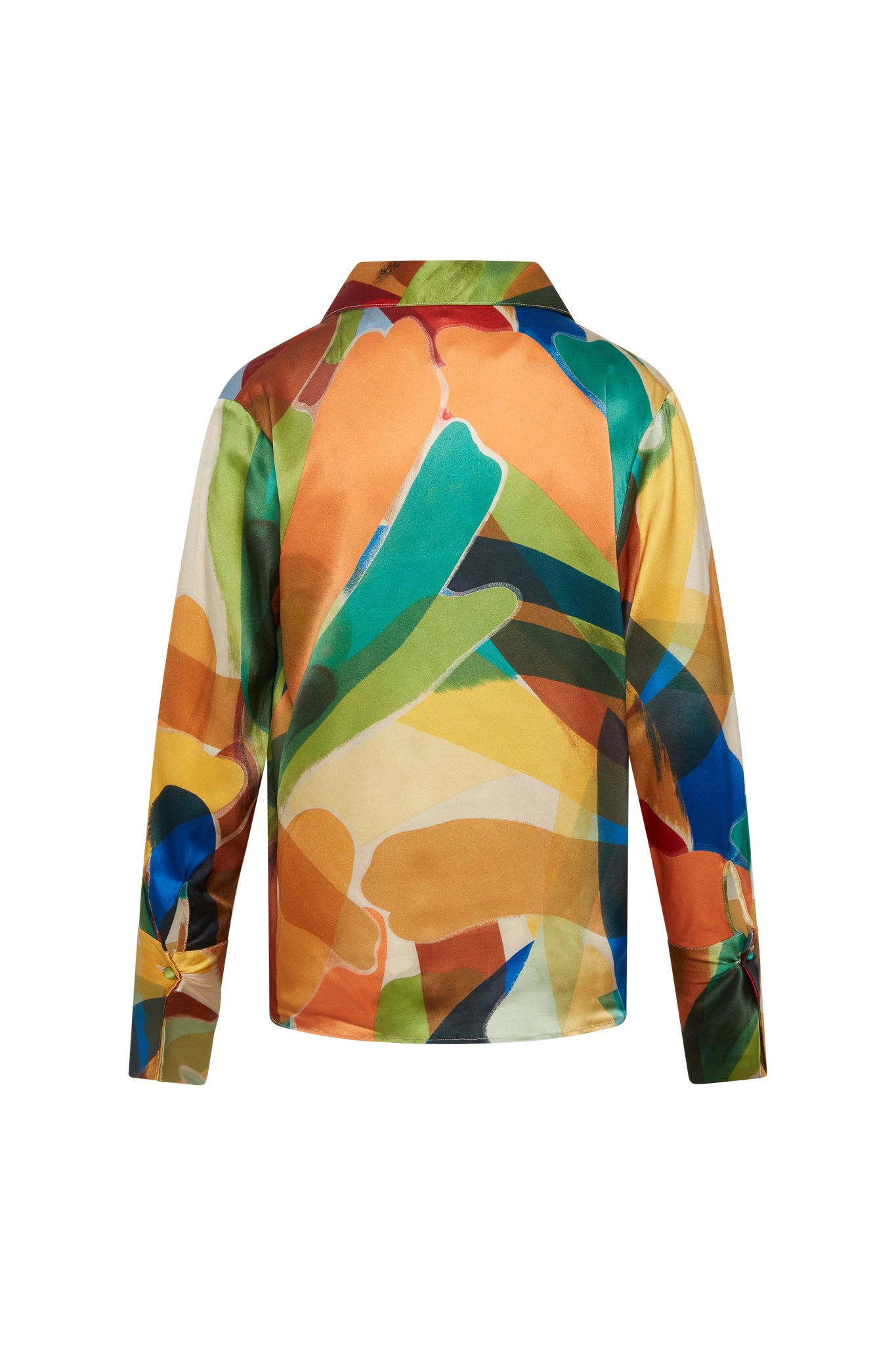 Back-view of a Catherine Gee Daria French Cuff Silk Stella Print blouse features a vibrant, abstract print with a mix of colors including green, blue, orange, yellow, and brown. The design showcases large, overlapping shapes that create a dynamic and artistic pattern. It has long sleeves with French cuffs and a classic collar, giving it a sophisticated yet playful appearance.