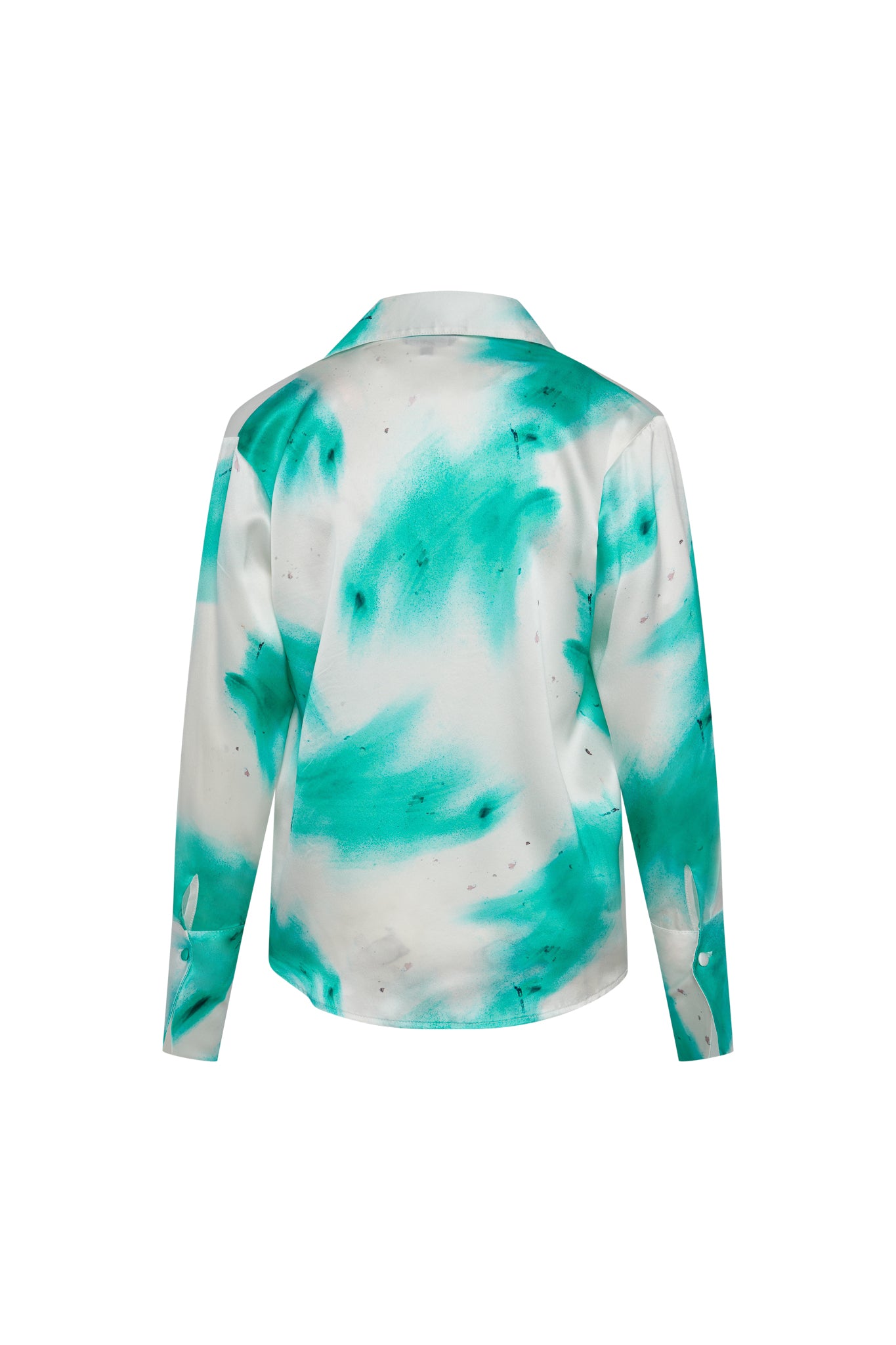Back-view of a Gee Daria French Cuff Silk Teal Art blouse features a unique teal and white abstract pattern, resembling watercolor brush strokes. It has long sleeves with French cuffs and a classic collar. The silk fabric gives it a luxurious and smooth appearance, making it a stylish and elegant piece suitable for various occasions.