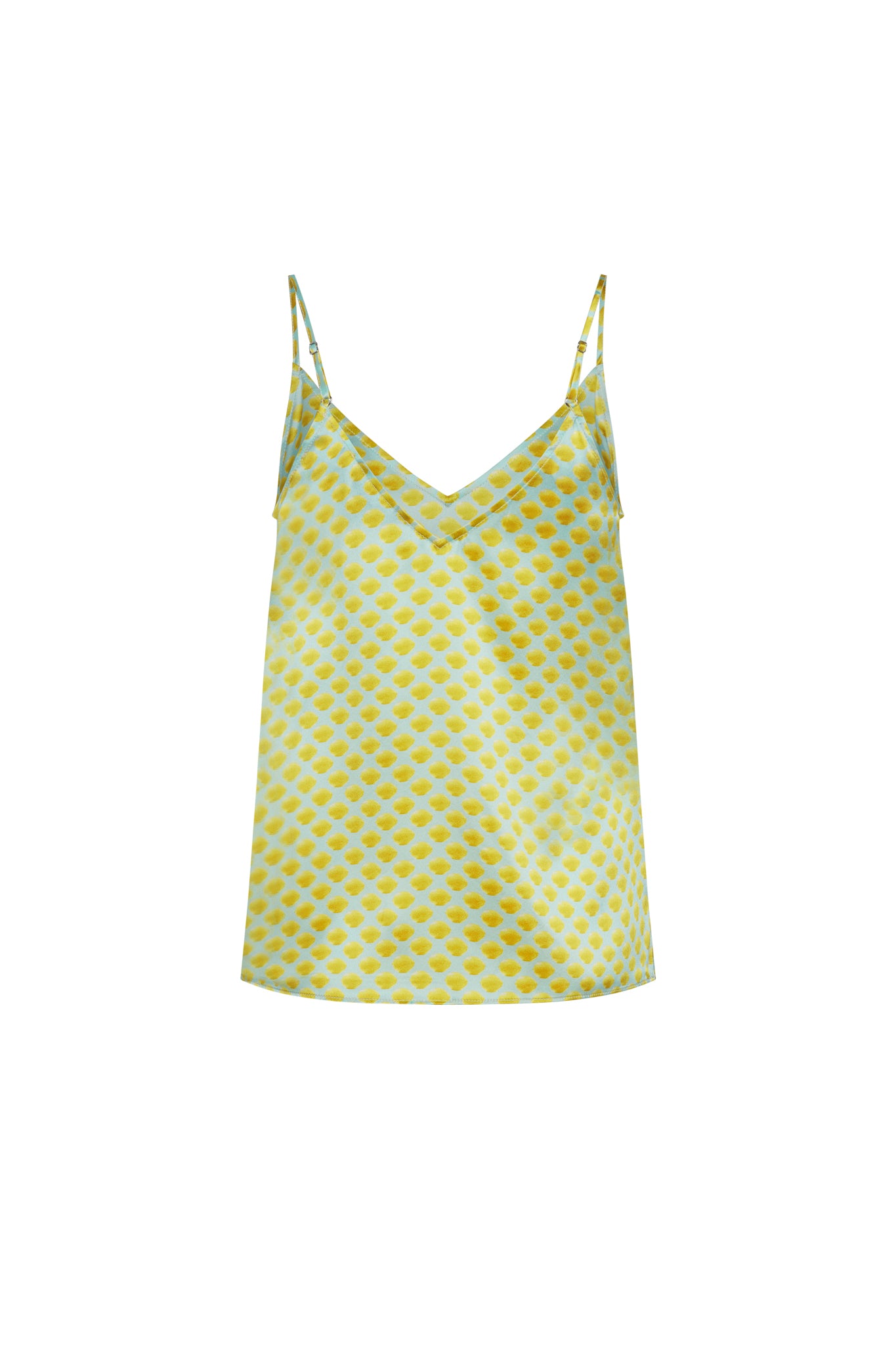 Back-view of Catherine Gee Franka Limon Blue (Mini) cami features a V-neckline with thin spaghetti straps. The fabric has a vibrant yellow and lemon-like pattern, creating a vibrant and stylish look. The cami appears to be made of a silky material, giving it a smooth and shiny finish. This piece is interesting for its unique color combination and elegant design, making it a versatile addition to any wardrobe.