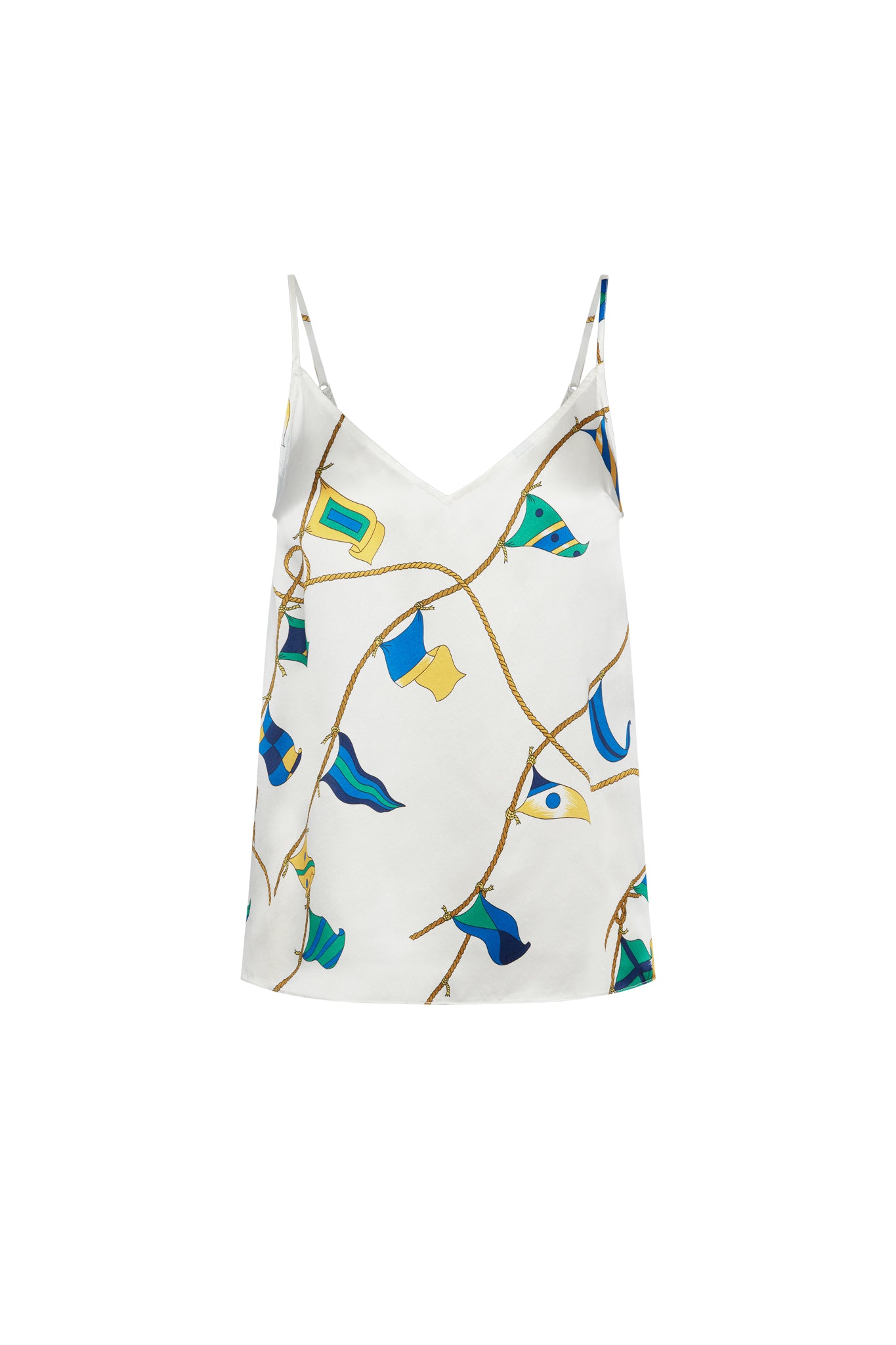 Back-view of Catherine Gee Franka Lisbon Sails Cami. This sleeveless top features thin straps and a V-neckline. The fabric has a white background adorned with a colorful abstract print that includes blue, green, and yellow shapes connected by gold lines, resembling sails or nautical flags. The playful and elegant design makes it a versatile piece for various occasions.
