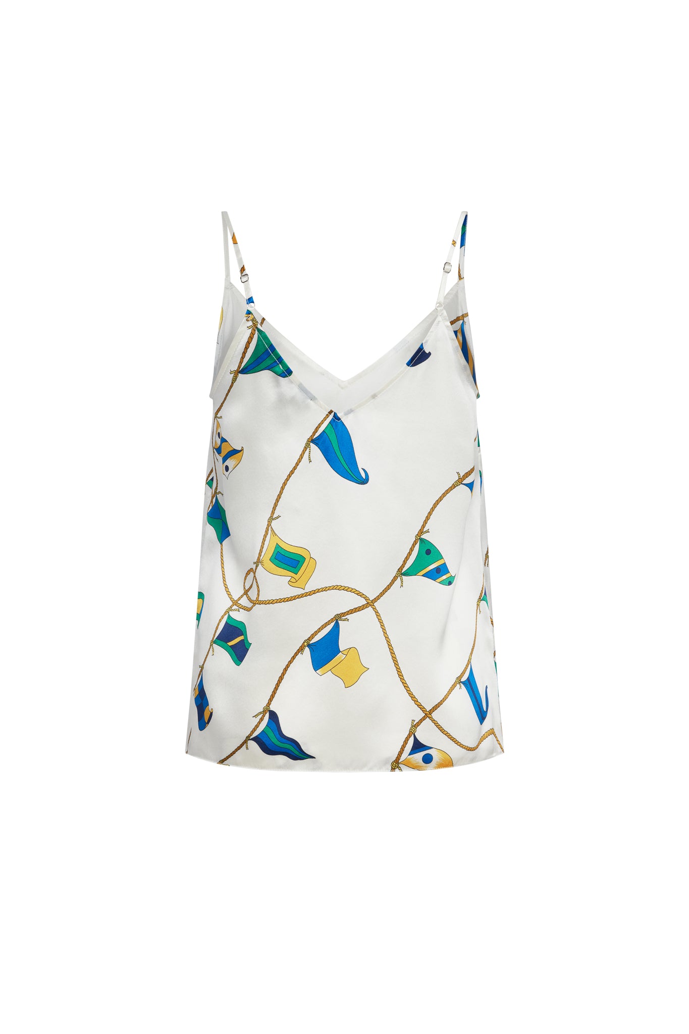 Catherine Gee Franka Lisbon Sails Cami is a stylish and elegant camisole top that features a white base with a colorful, abstract sailboat print in shades of blue, green, and yellow, connected by thin, gold lines. The design is vibrant and playful, making it a standout piece for a chic and sophisticated look. The cami has thin, adjustable straps and a V-neckline, adding to its feminine and delicate appeal.
