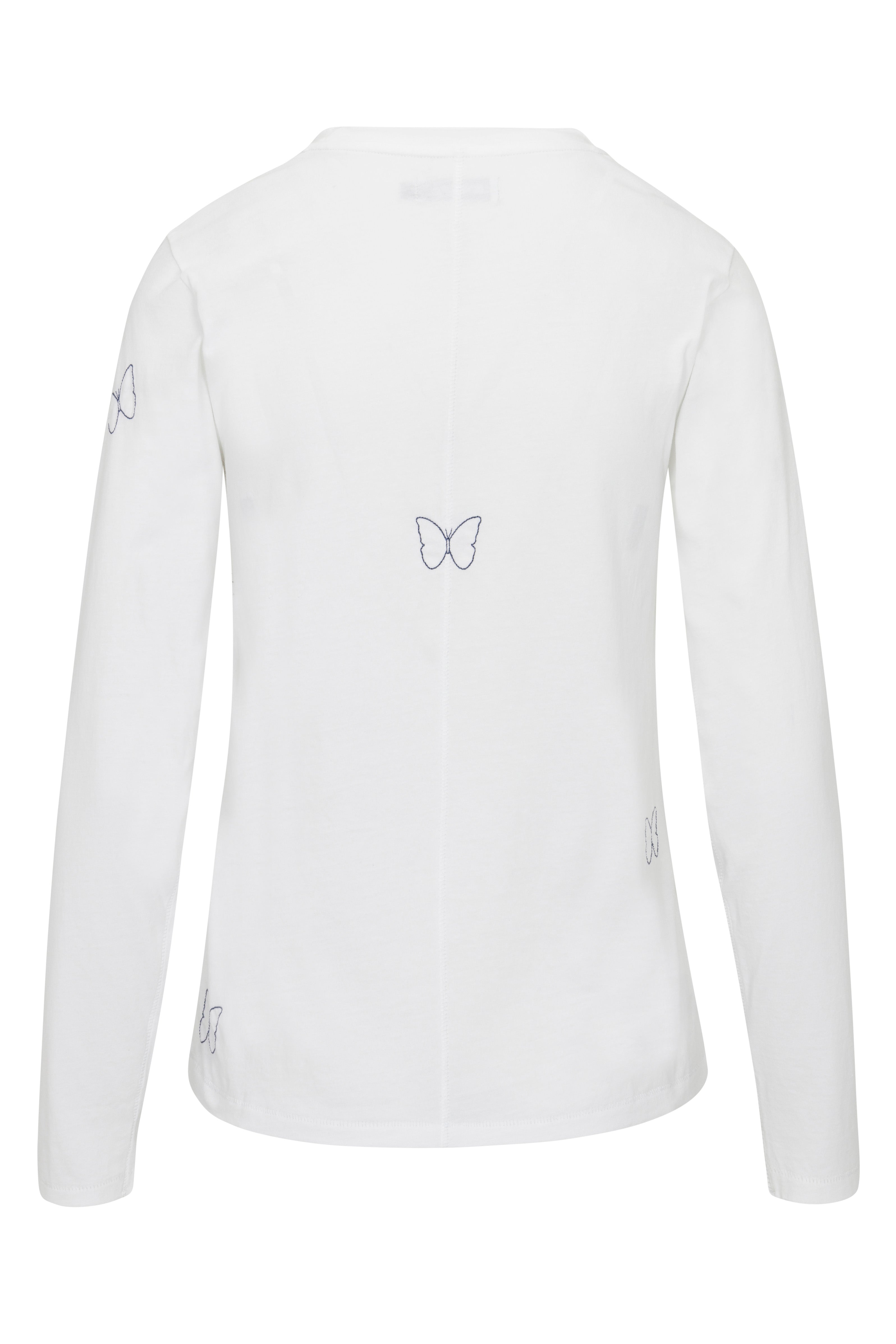 Back-view of a Catherine Gee Embroidered Cotton Long Sleeve Butterfly white t-shirt features subtle embroidered butterfly designs in blue thread, with one butterfly centered on the upper back and smaller butterflies on the sleeves and lower back. The simple, elegant design with long sleeves and a straight hem is enhanced by the delicate, feminine embroidery, making it a stylish and charming piece.