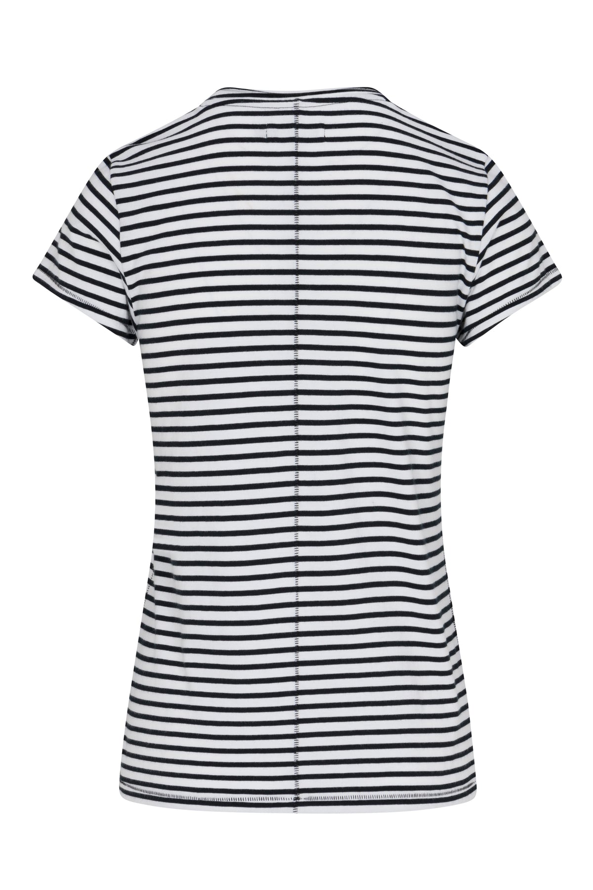 Back view of a black and white striped short-sleeve T-shirt by Catherine Gee features horizontal stripes and a central vertical seam running down the back.