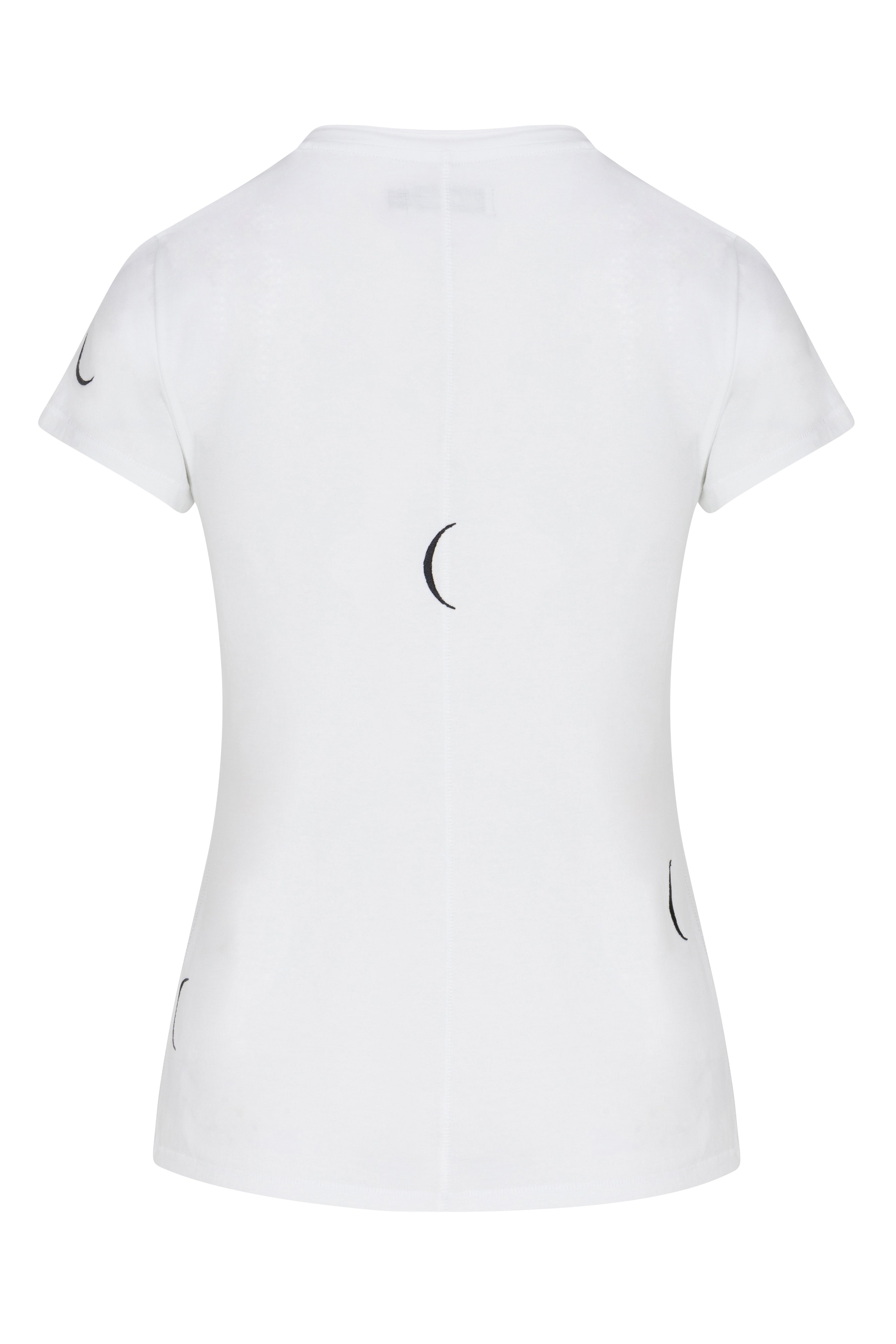 Back-view of a Catherine Gee Embroidered Cotton Crescent white t-shirt with short sleeves and features small black crescent moon embroidery scattered across the back and sleeves. The design is minimalistic and elegant, making it a versatile piece for casual or semi-casual wear. The placement of the crescent moons adds a unique and subtle decorative element to the garment.