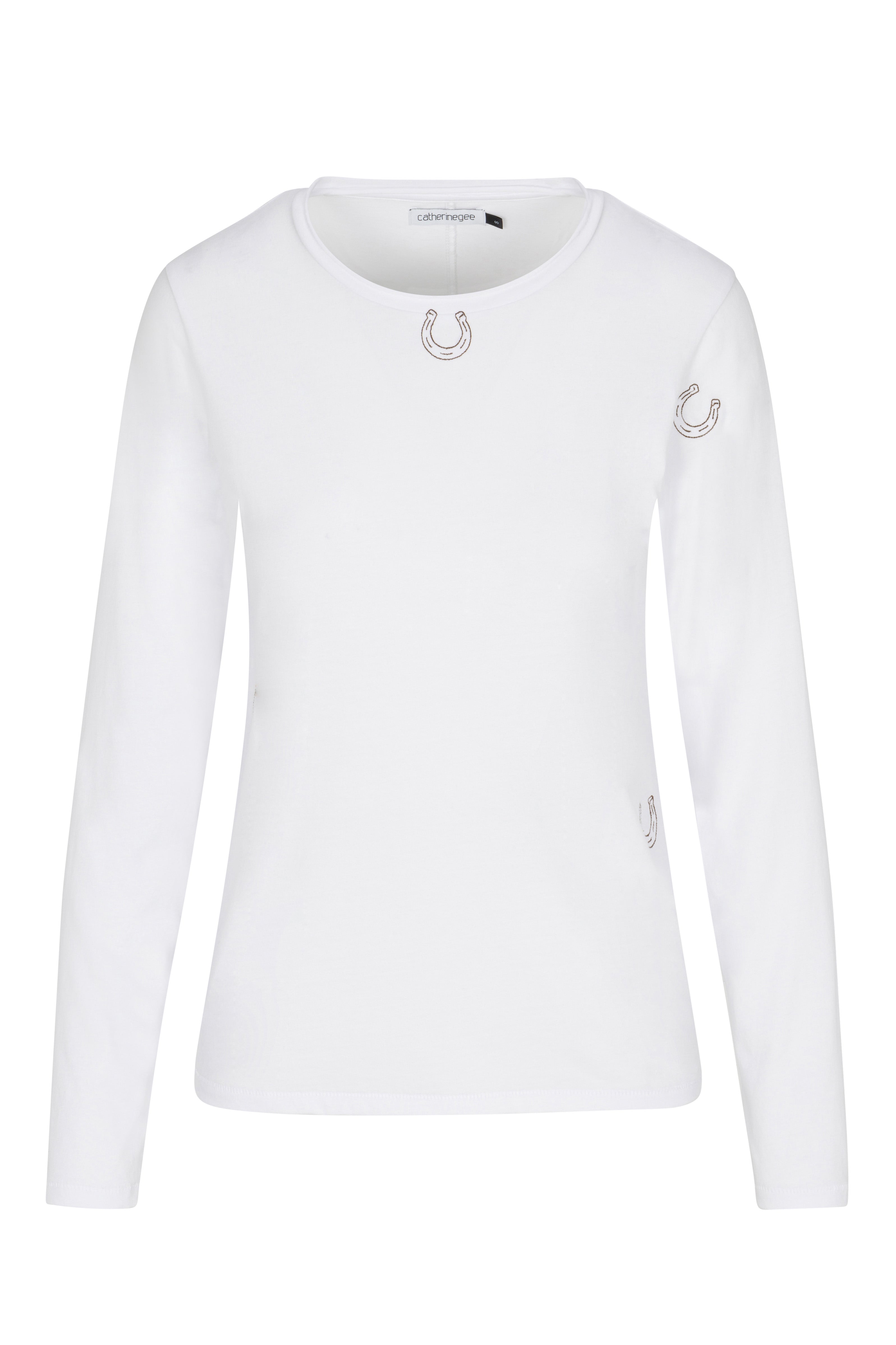 Catherine Gee Embroidered white Cotton Long Sleeve Horseshoe T-Shirt features a simple, elegant design with embroidered horseshoe motifs on the chest, shoulder, and lower side. The shirt has a round neckline and a fitted silhouette, making it a stylish and versatile piece suitable for various casual occasions.