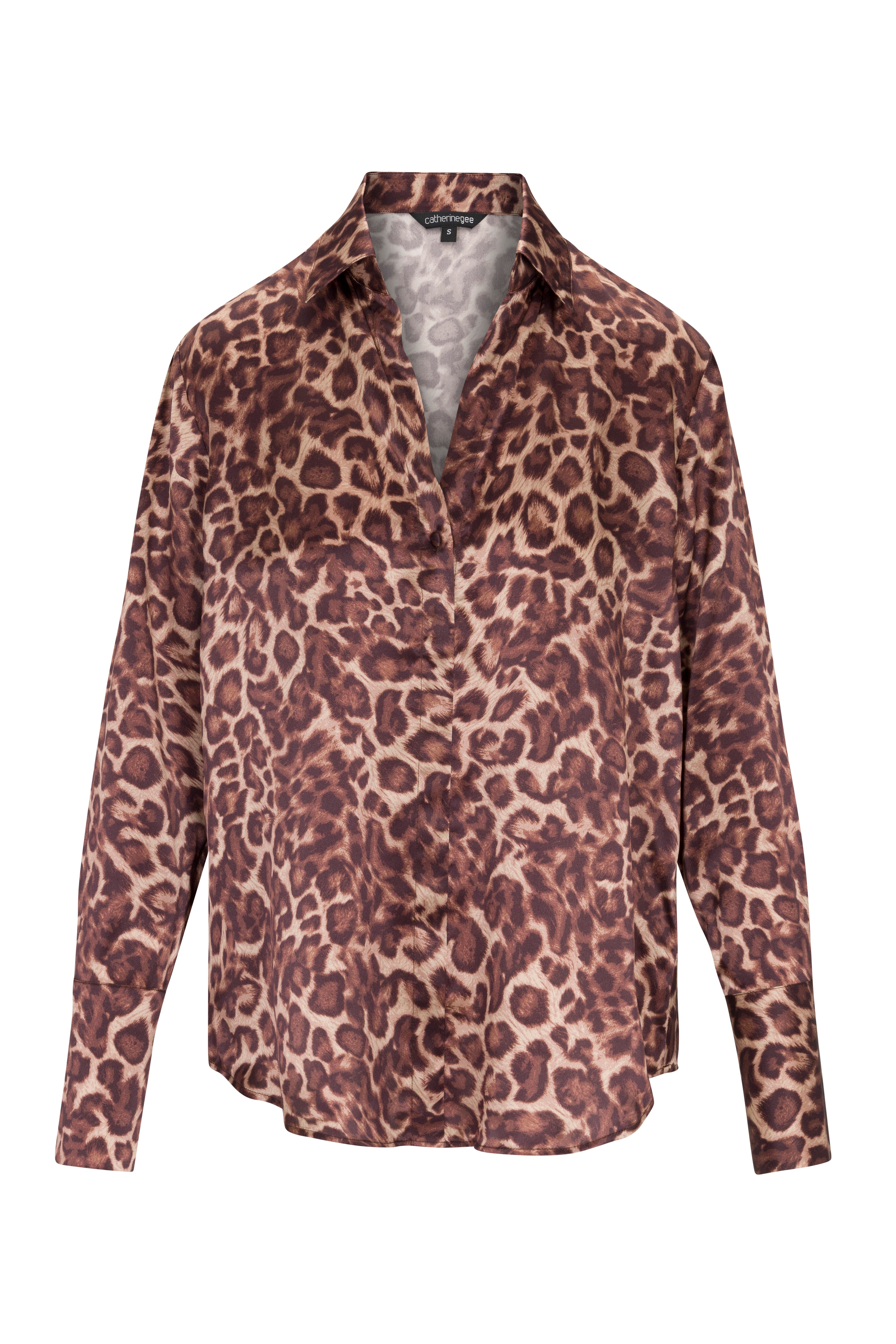 Daria French Cuff Silk Blouse - Mocha Leopard