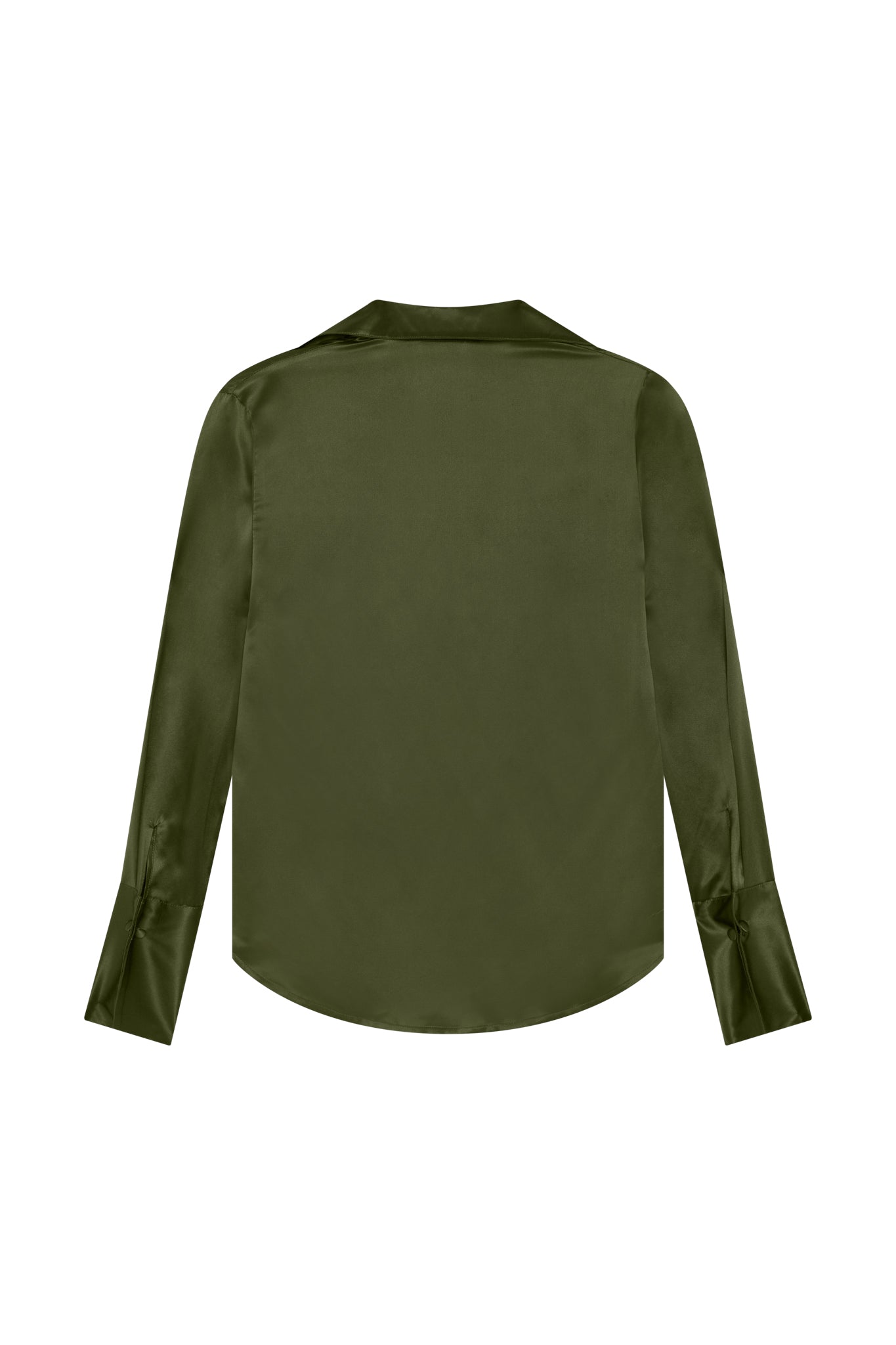 Back-view of a Catherine Gee Kaia Army Green Blouse. The blouse, made of a smooth, shiny fabric likely satin or silk, features long sleeves with buttoned cuffs and a slightly curved hemline. The deep, rich army green color, along with the classic collar and elegant design, gives the blouse a luxurious and timeless style. This versatile piece is suitable for various occasions, adding a touch of sophistication to any outfit.