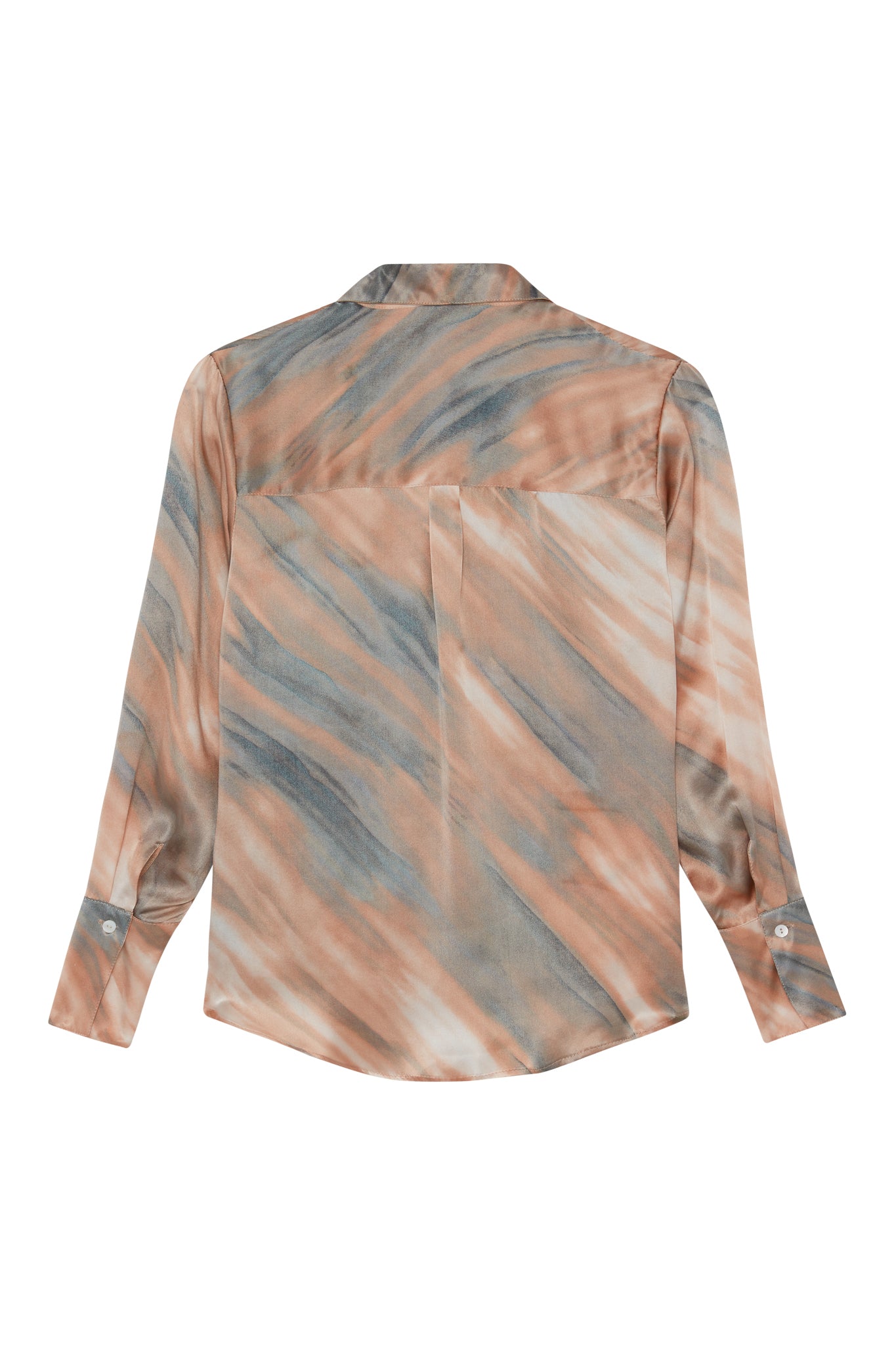 Back-view of a Catherine Gee Kaia Dune Blouse. The blouse features a long-sleeve design with buttoned cuffs and a pointed collar. The fabric displays a unique, abstract pattern in shades of peach, beige, and gray, resembling a marbled or dune-like design. A pleat runs down the center of the back, adding a touch of sophistication to its overall design. The blouse's elegant and distinctive style makes it a versatile piece for various occasions.