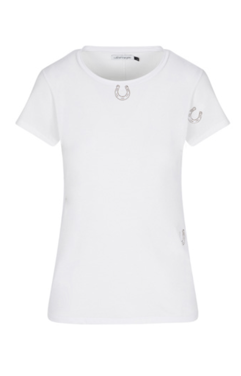 Catherine Gee Embroidered Cotton Horseshoe white t-shirt features a simple and elegant design with short sleeves and a round neckline. The shirt is adorned with small, embroidered horseshoe motifs, one on the chest, one on the left sleeve, and one near the bottom right side. The minimalist yet stylish design makes it an interesting and versatile piece for casual wear.