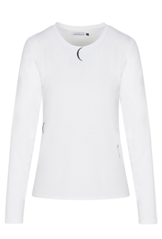 Catherine Gee Embroidered Cotton Long Sleeve Crescent white T-Shirt with a simple, clean design, features long sleeves and a round neckline. The most distinctive feature is the small, black crescent moon embroidery located near the neckline and on the sides of the shirt. The minimalist design and subtle embroidery make it an elegant and versatile piece suitable for various occasions.
