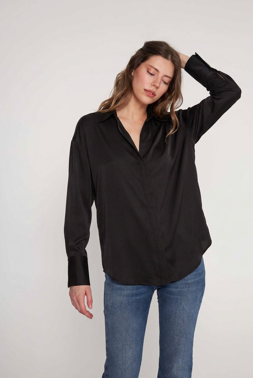 Daria French Cuff Silk Blouse - Black
