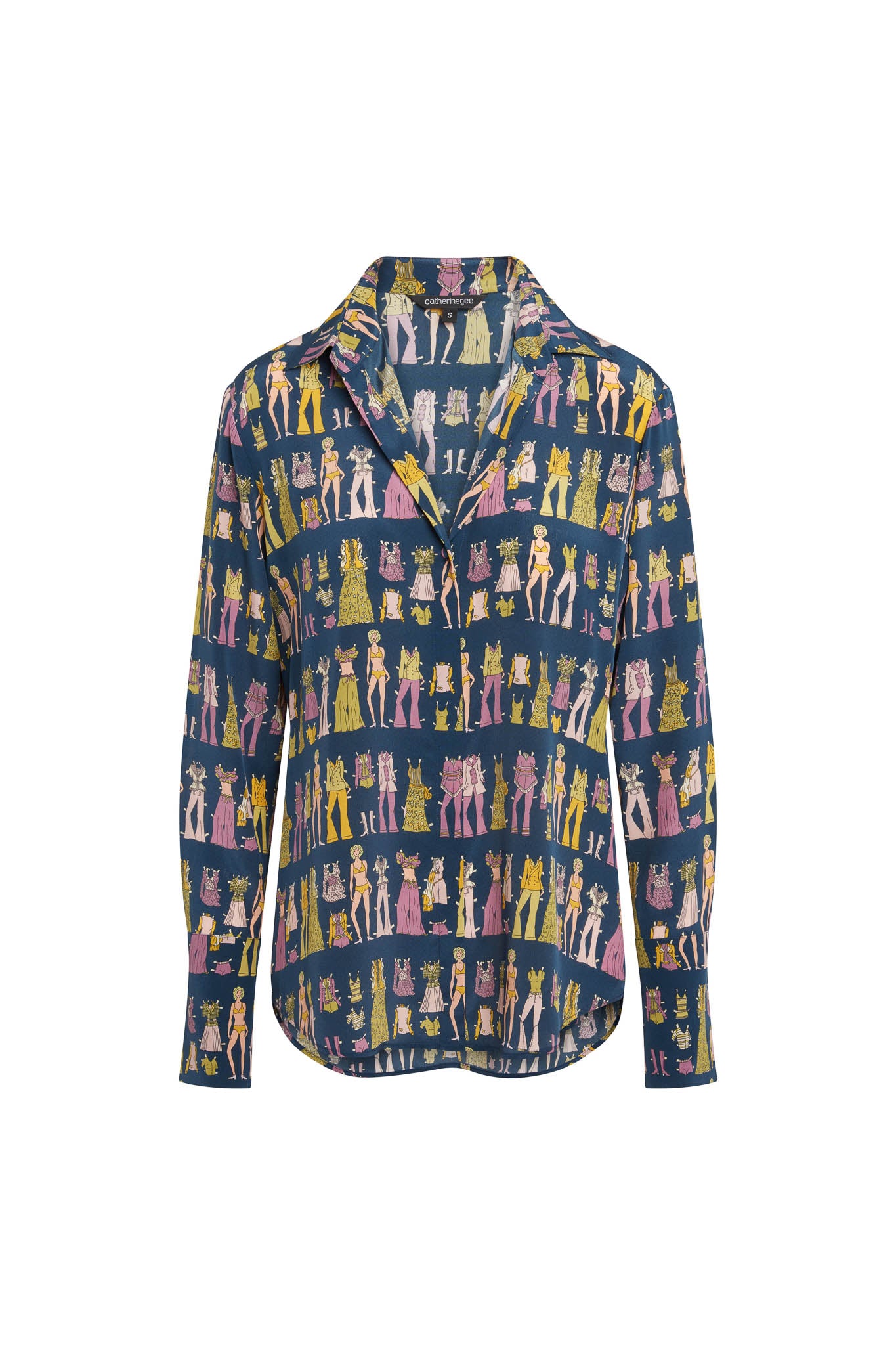 Catherine Gee Daria's French Cuff Silk Paperdoll blouse showcases a deep blue silk fabric adorned with a playful pattern of colorful paper doll figures in shades of yellow, pink, and light green. The design includes a classic collar, a button-down front, and long sleeves with elegant French cuffs. The whimsical print combined with the luxurious silk material creates a unique and stylish piece that is both fun and sophisticated, perfect for adding a touch of personality to any wardrobe.