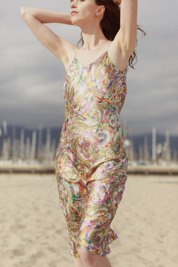 Celeste Cowl Back Slip Dress in Paint Swirl | CG DESIGN, LLC..