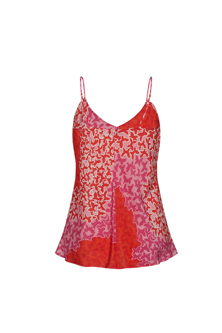 Catherine Gee Basic Cami - Mariposa features a vibrant pattern of orange, pink, and white with butterfly-like shapes, thin spaghetti straps, and a V-neckline. The fabric appears lightweight and flowy, suitable for casual or semi-formal wear.