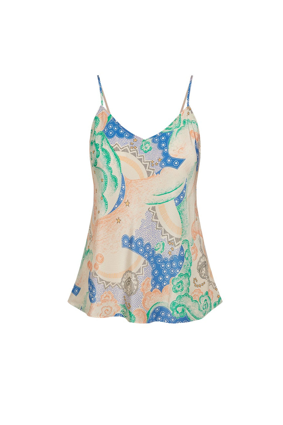 A Catherine Gee Basic Cami - Siena features a colorful abstract pattern with shades of blue, green, peach, and beige. It has thin spaghetti straps and a slightly flared hem, creating a flowy and elegant silhouette.