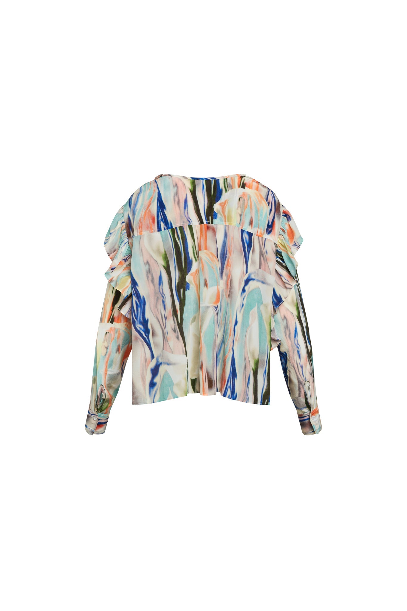 Back view of a Catherine Gee Bella - Abstract Orchid blouse features a colorful, abstract pattern with shades of blue, green, orange, and white. It has long sleeves with buttoned cuffs and a loose, flowing fit.