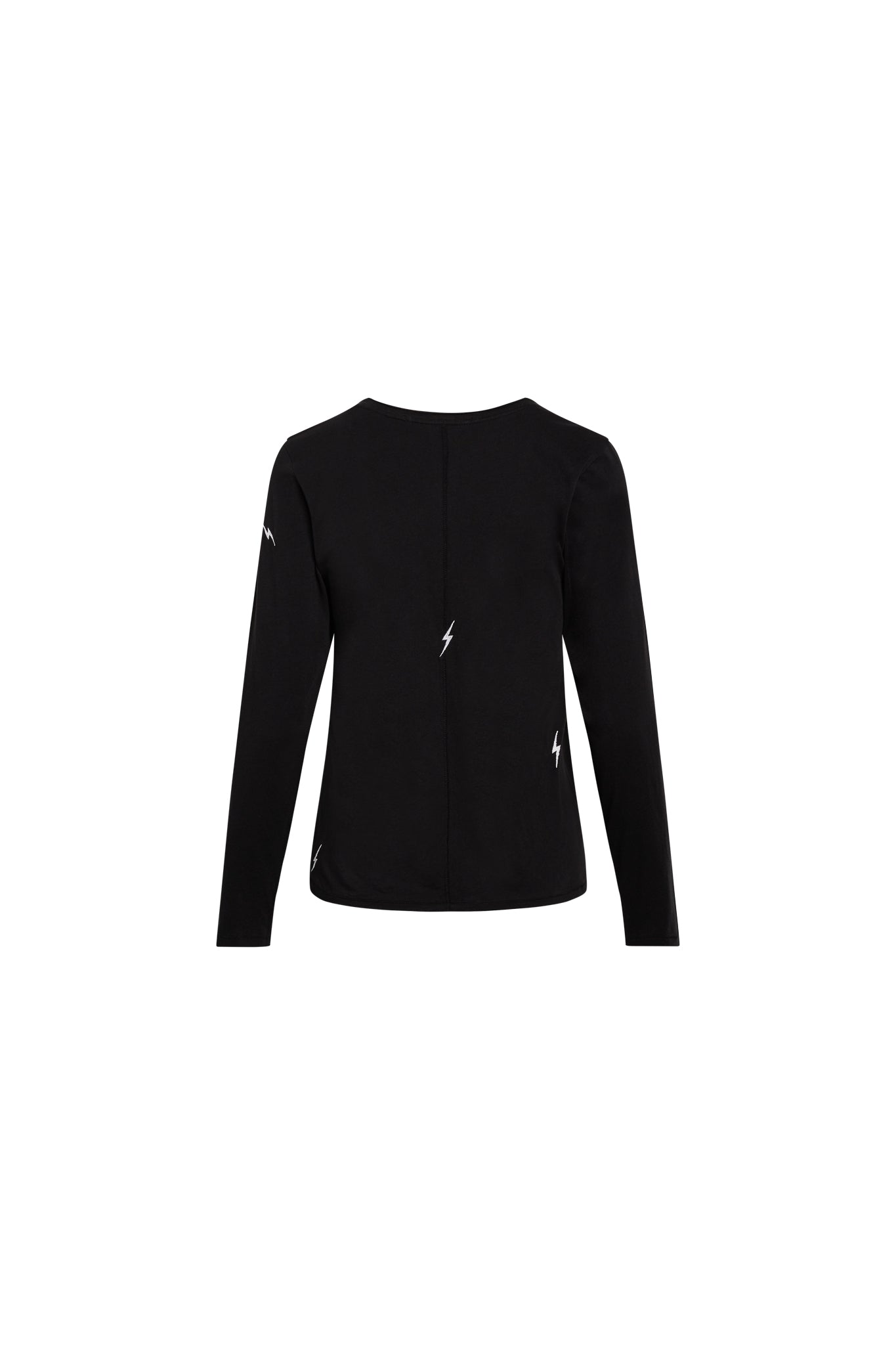 Back-view of a Catherine Gee Embroidered Cotton Long Sleeve Bolt black t-shirt with a simple design featuring small, white lightning bolt embroidery scattered across the back and sleeves, has a round neckline, making it suitable for cooler weather. The minimalist yet striking design of the lightning bolts adds a unique and stylish touch to the shirt.