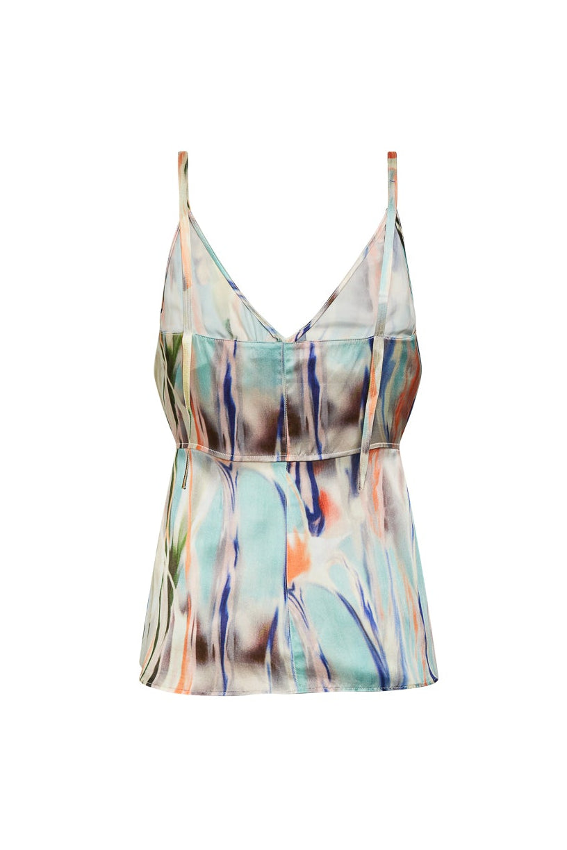 A sleeveless tank top with thin straps, featuring an abstract orchid print in various shades of blue, green, orange, and purple. The top has a V-neckline and a fitted bodice that flares slightly at the waist. The fabric appears to be lightweight and silky, giving it a smooth and shiny appearance.